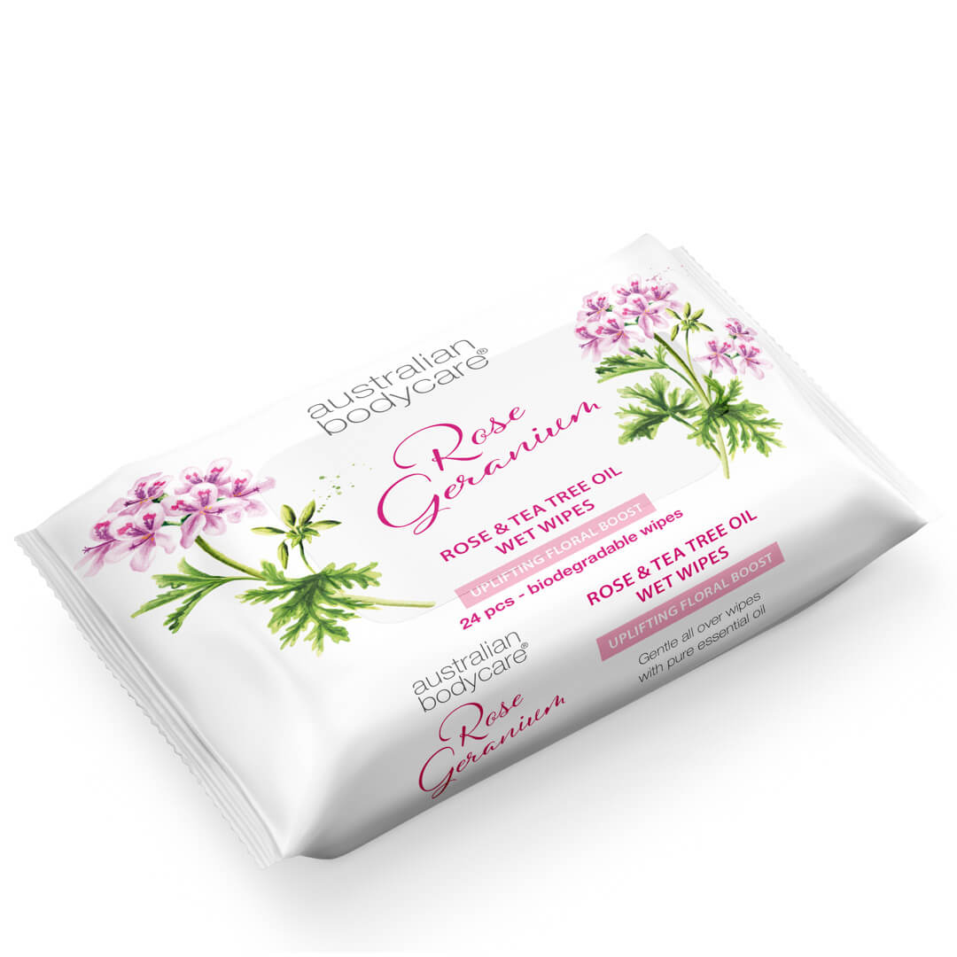 Vådservietter med Rose Geranium & Tea Tree Oil 24 stk. - Renser for bakterier, snavs og makeup