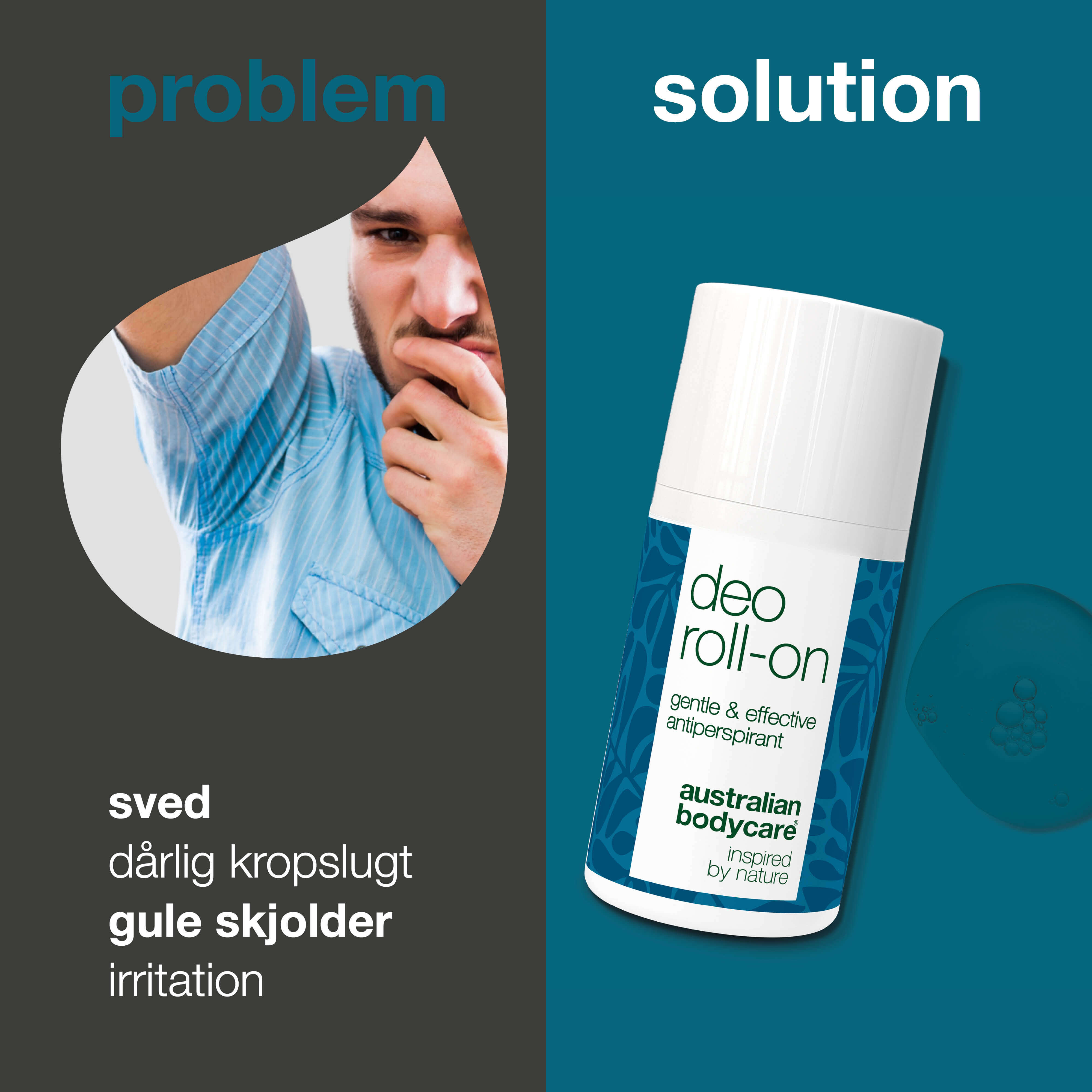 Roll-on Deo til daglig beskyttelse mod sved, dårlig lugt, røde knopper og skjolder. Med 4-terpineol, Glycerin, Lactic Acid og Vitamin E.