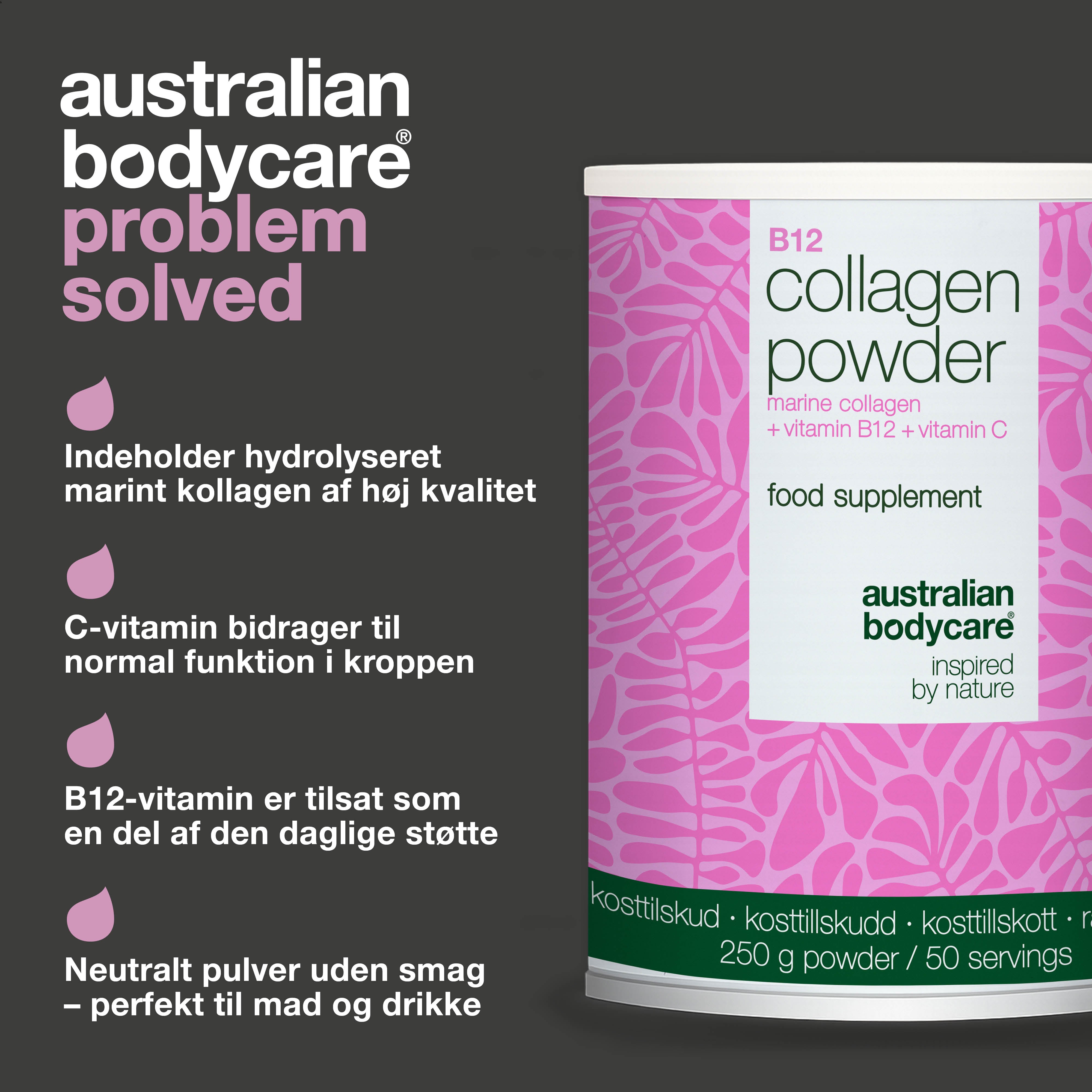 Kollagenpulver til dig, der ønsker et dagligt tilskud til kost og velvære. Med hydrolyseret marint kollagen, C-vitamin og B12-vitamin.
