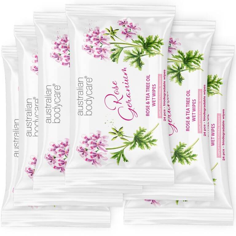 Vådservietter med Rose Geranium & Tea Tree Oil 24 stk. - Renser for bakterier, snavs og makeup