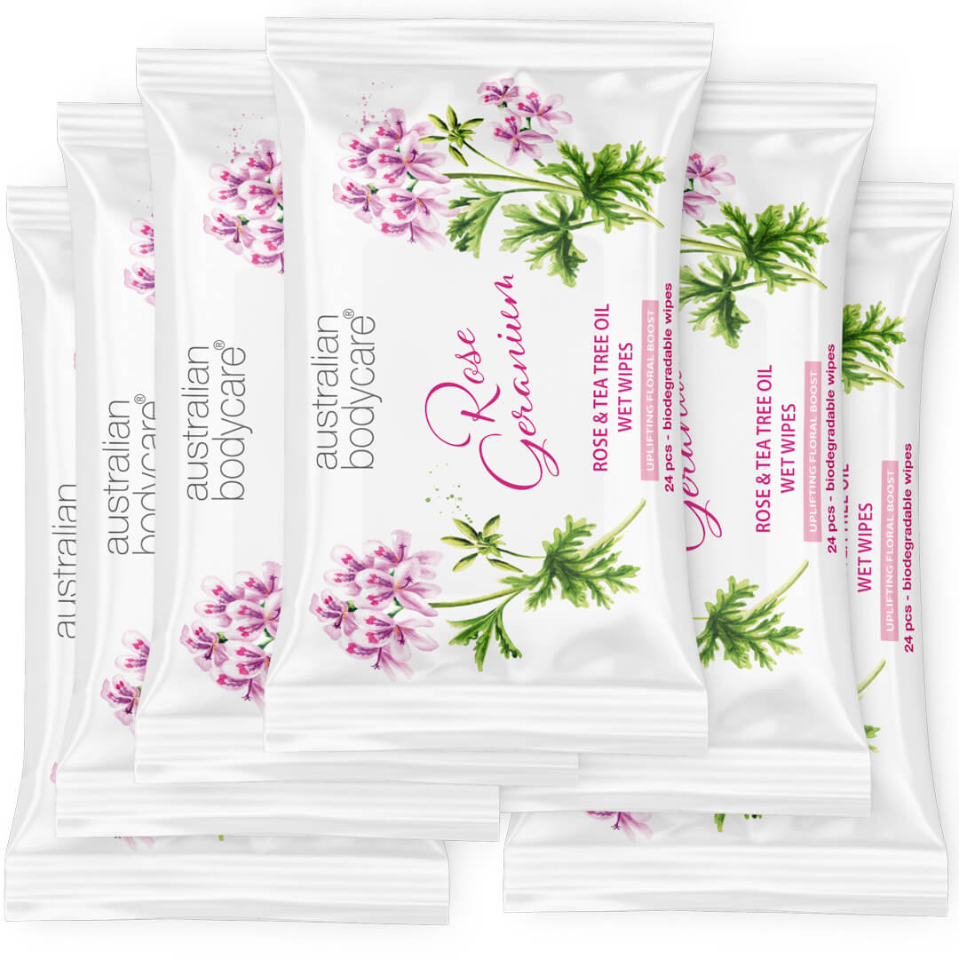 Vådservietter med Rose Geranium & Tea Tree Oil 24 stk. - Renser for bakterier, snavs og makeup