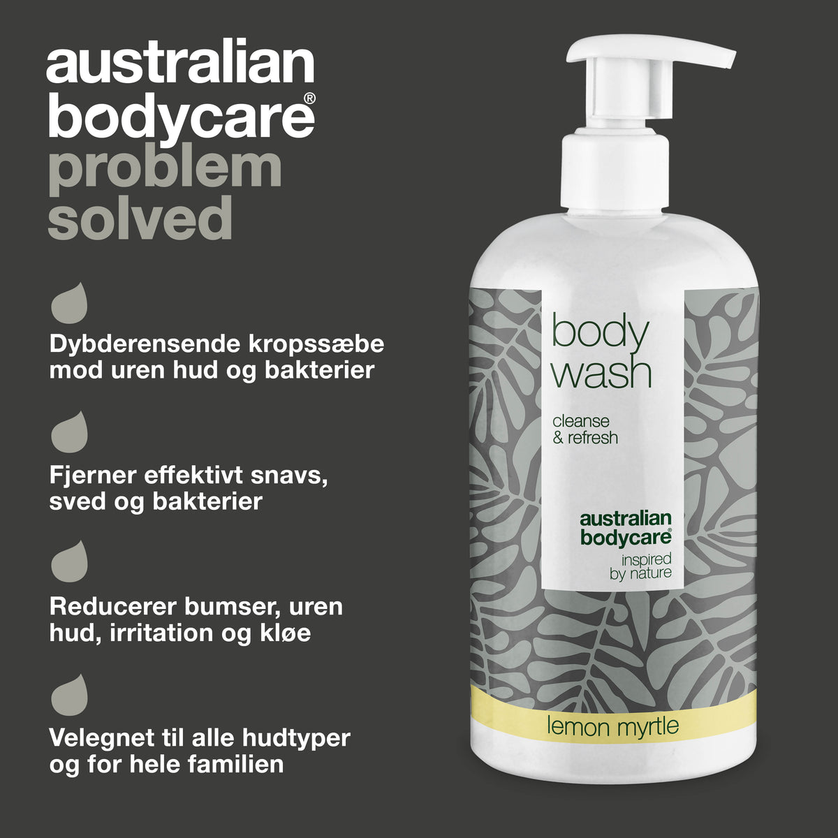 Body Wash Lemon Myrtle fra Australian Bodycare er en dybderensende kropssæbe mod uren hud og bakterier. Fjerner effektivt snavs, sved og bakterier, reducerer bumser, uren hud, irritation og kløe, og er velegnet til alle hudtyper og til hele familien.