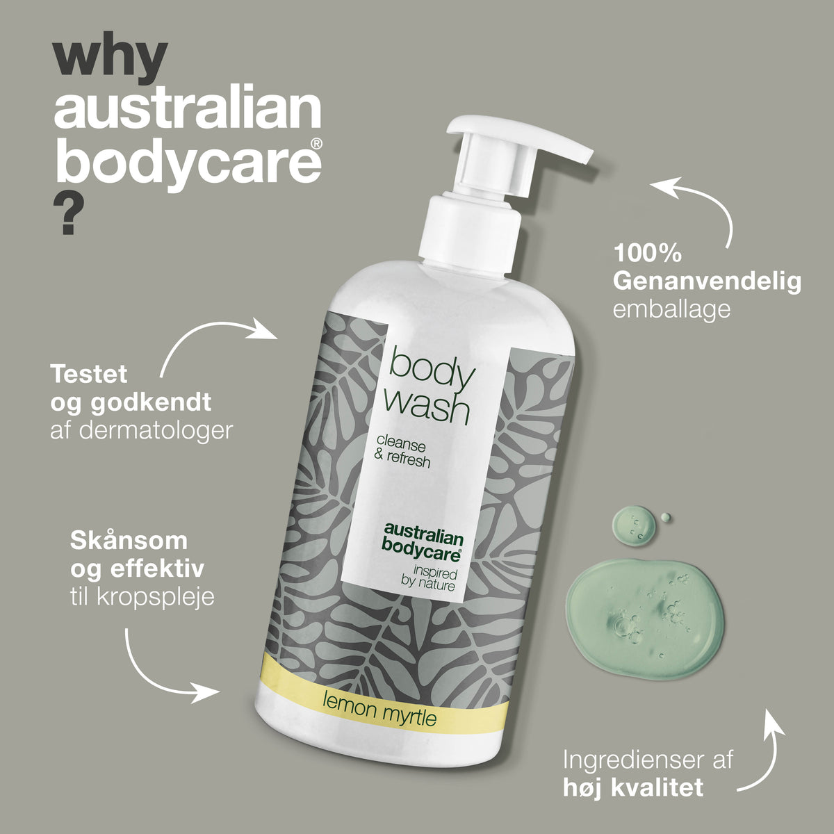 Body Wash Lemon Myrtle fra Australian Bodycare er testet og godkendt af dermatologer, skånsom og effektiv til kropspleje, med ingredienser af høj kvalitet og 100 % genanvendelig emballage.