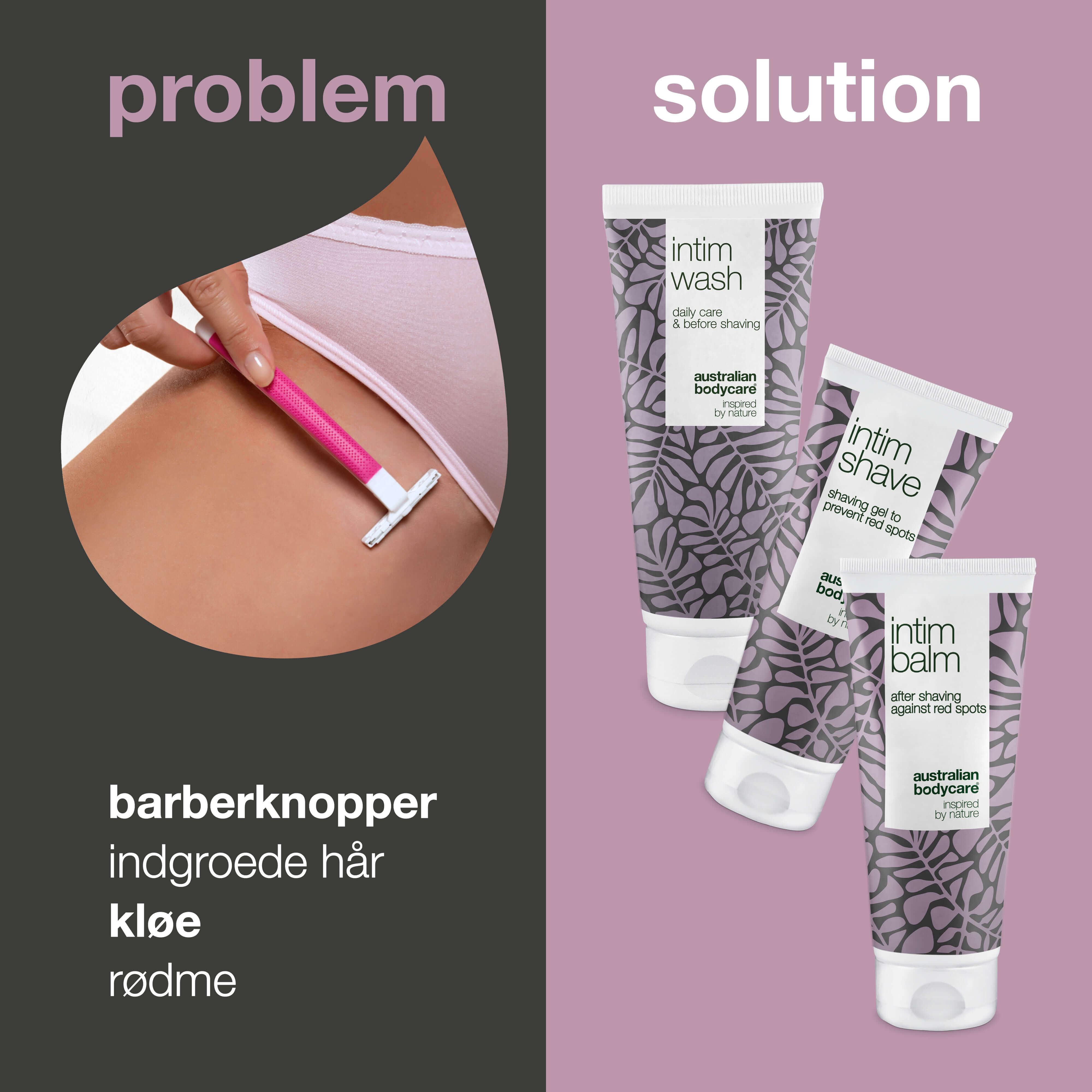 Intimbarberingspakke mod røde barberknopper — 3 produkter til intimbarbering mod indgroede hår