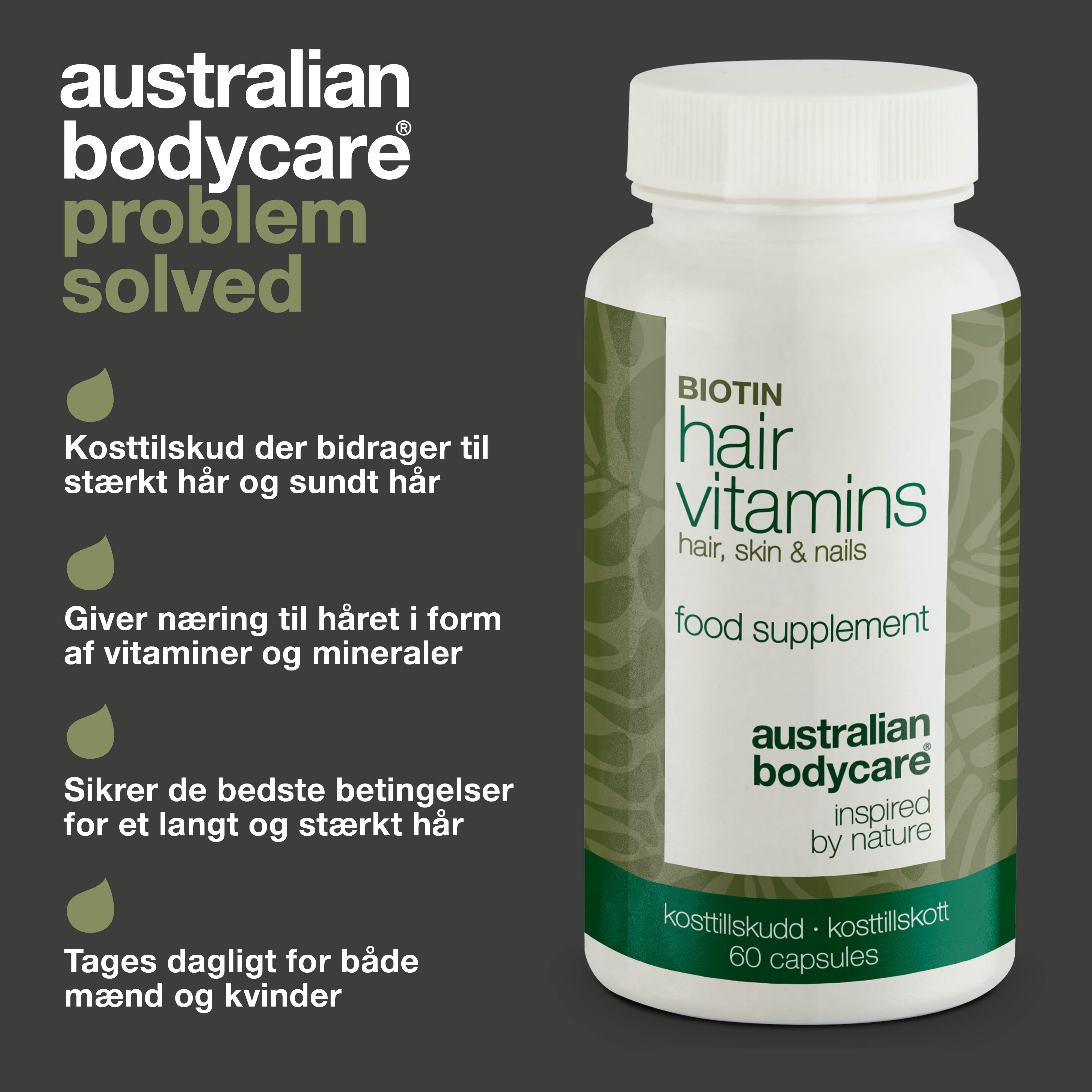 Hårvitaminer med Biotin — Vitaminer med højt indhold af biotin, som bidrager til at vedligeholde et normalt hår.