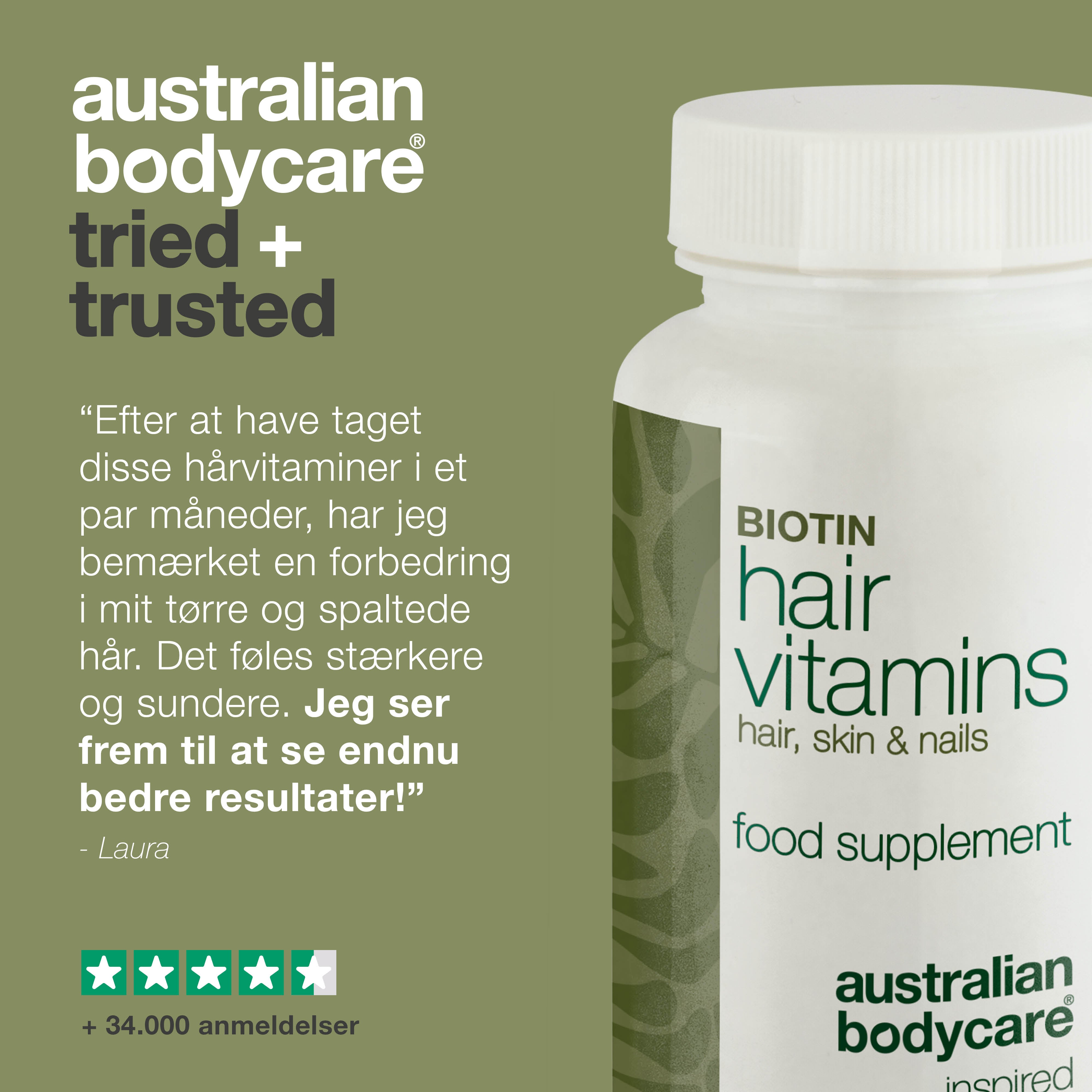 Hårvitaminer med Biotin — Vitaminer med højt indhold af biotin, som bidrager til at vedligeholde et normalt hår.