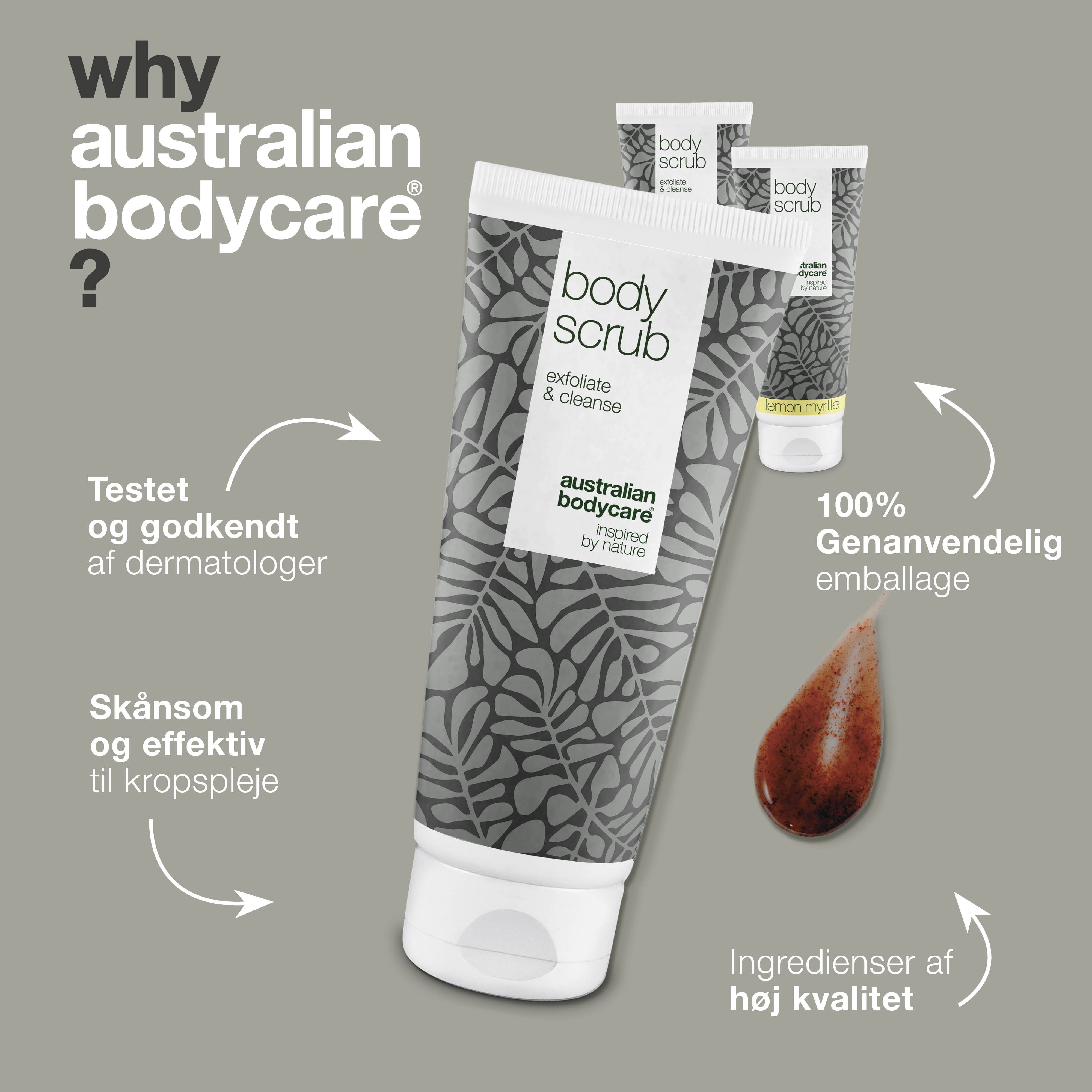 3 for 2 Body Scrub  - pakketilbud — Pakketilbud med 3 body scrubs (200 ml): 2x Lemon Myrtle & 1x Tea Tree Oil