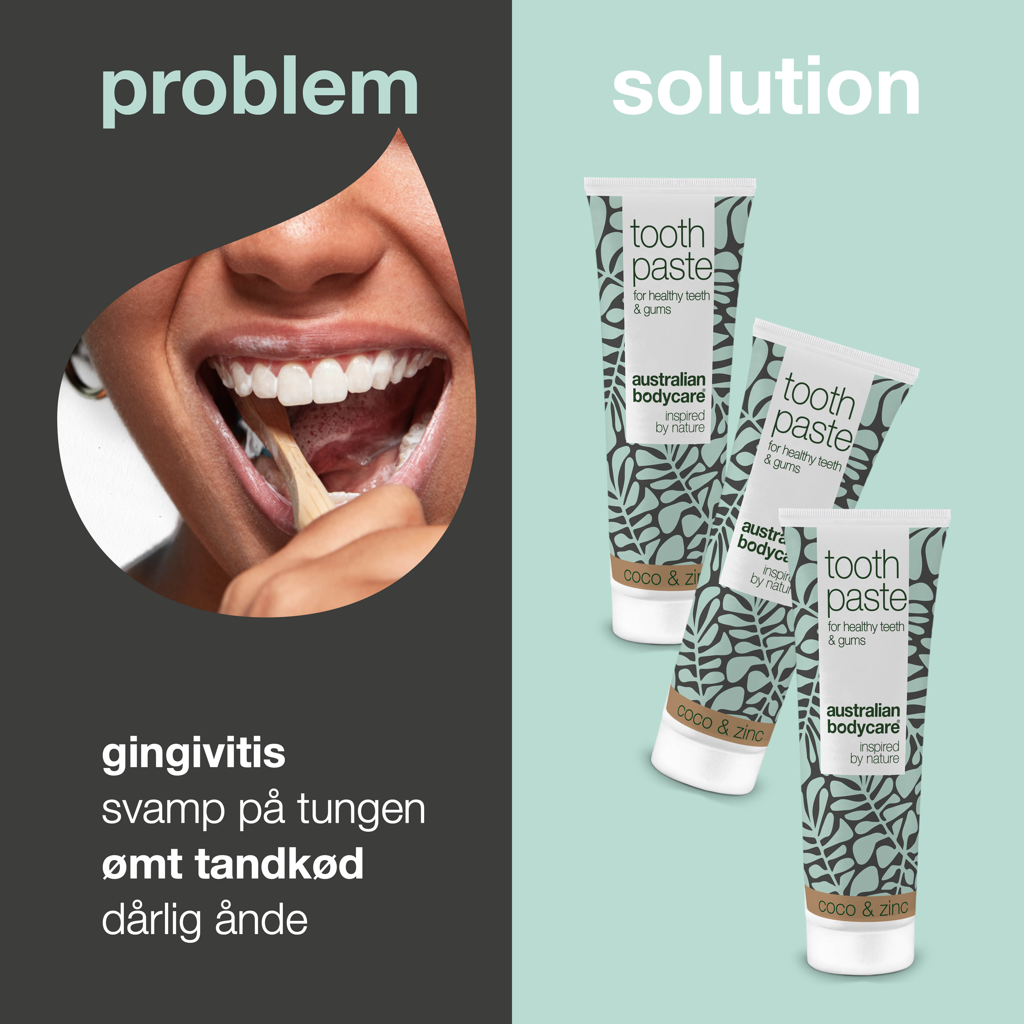 3 stk. Tea Tree Oil Tandpasta Kokos & Zink  — Til daglig pleje ved paradentose, svamp og tandkødsbetændelse