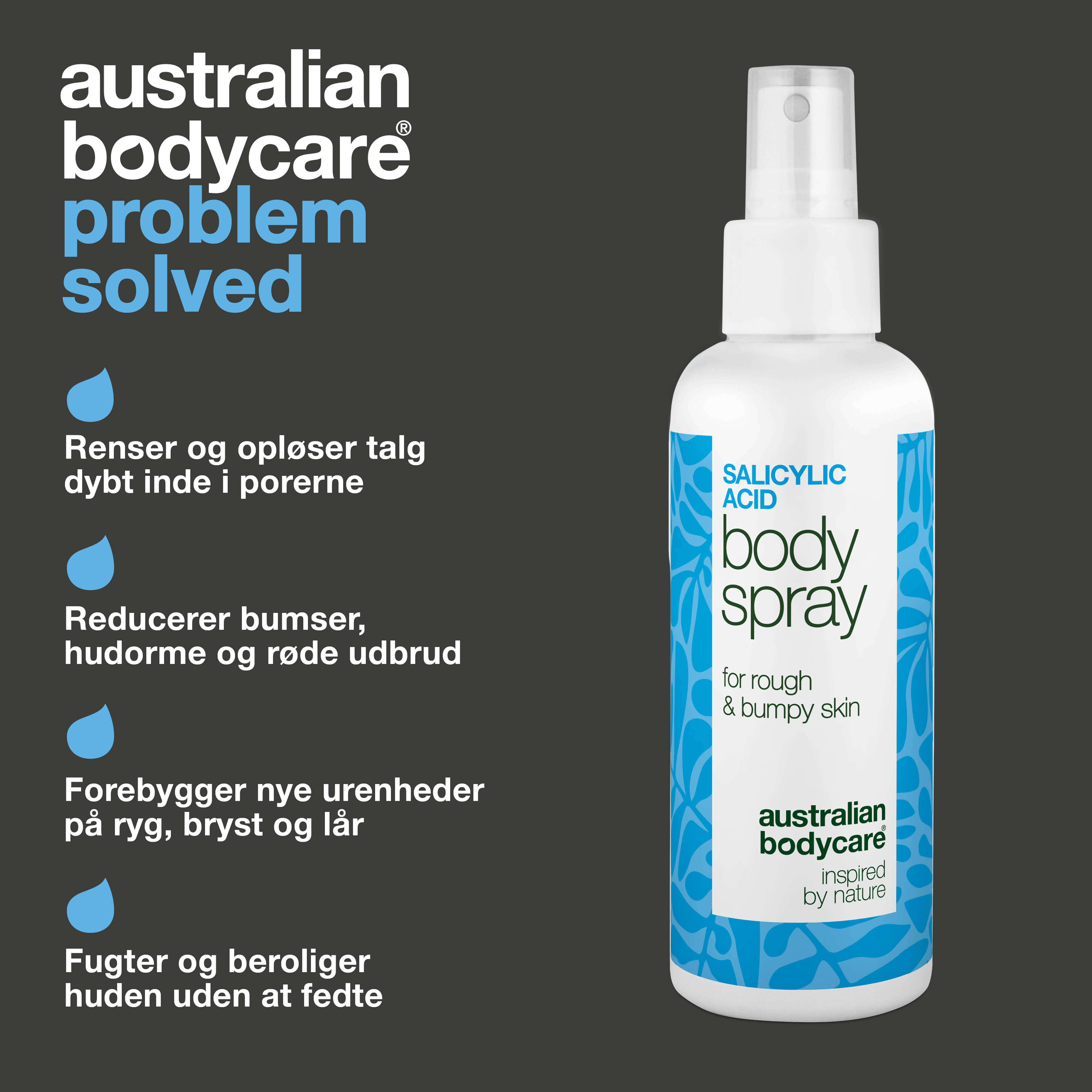 Salicylsyre spray mod bumser og uren hud på kroppen — Salicylsyre spray mod bumser og uren hud. Indeholder salicylsyre og glycolic acid, der renser porer og giver smuk hud.