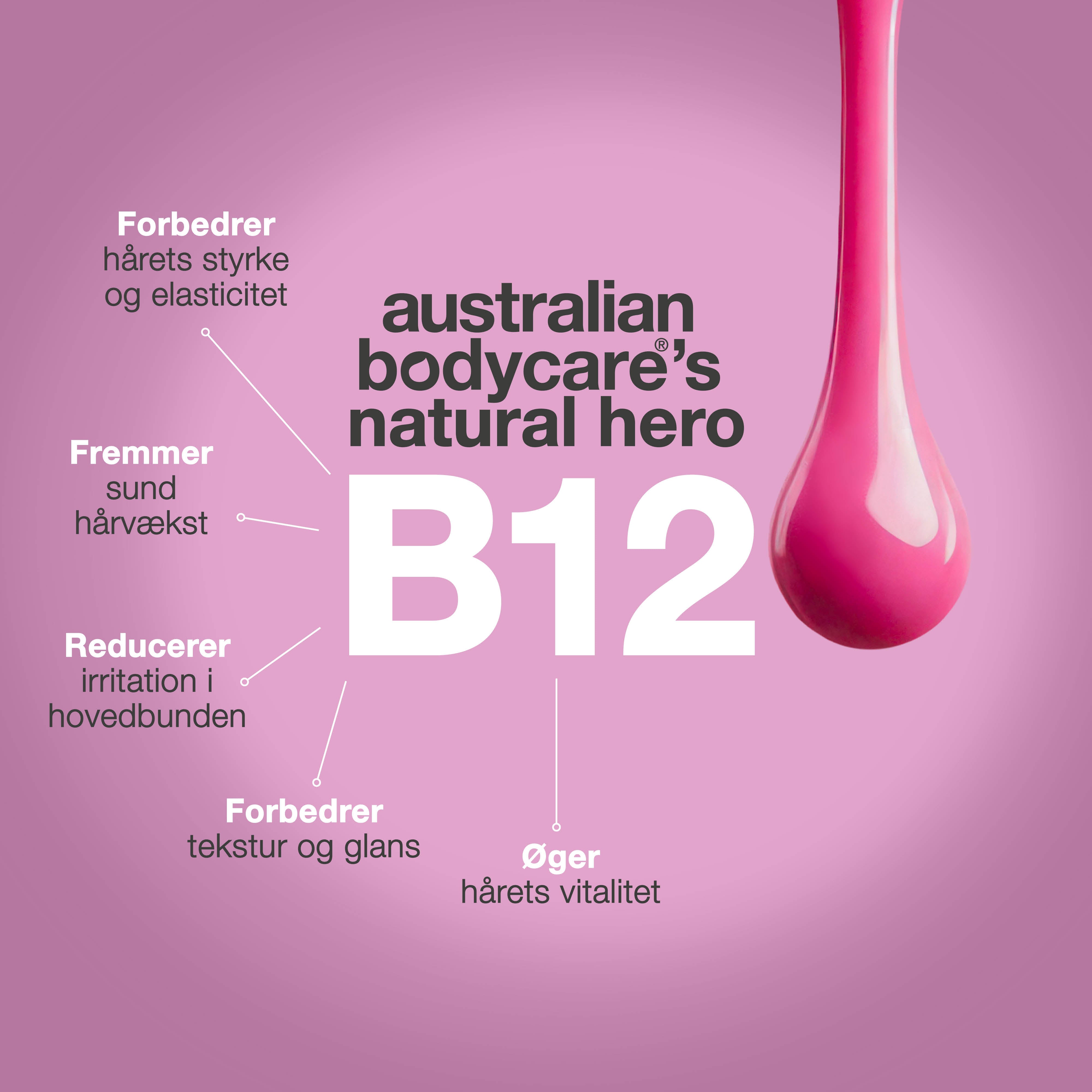 B12 vitamin fra Australian Bodycare forbedrer hårets styrke og elasticitet, fremmer sund hårvækst og giver glans