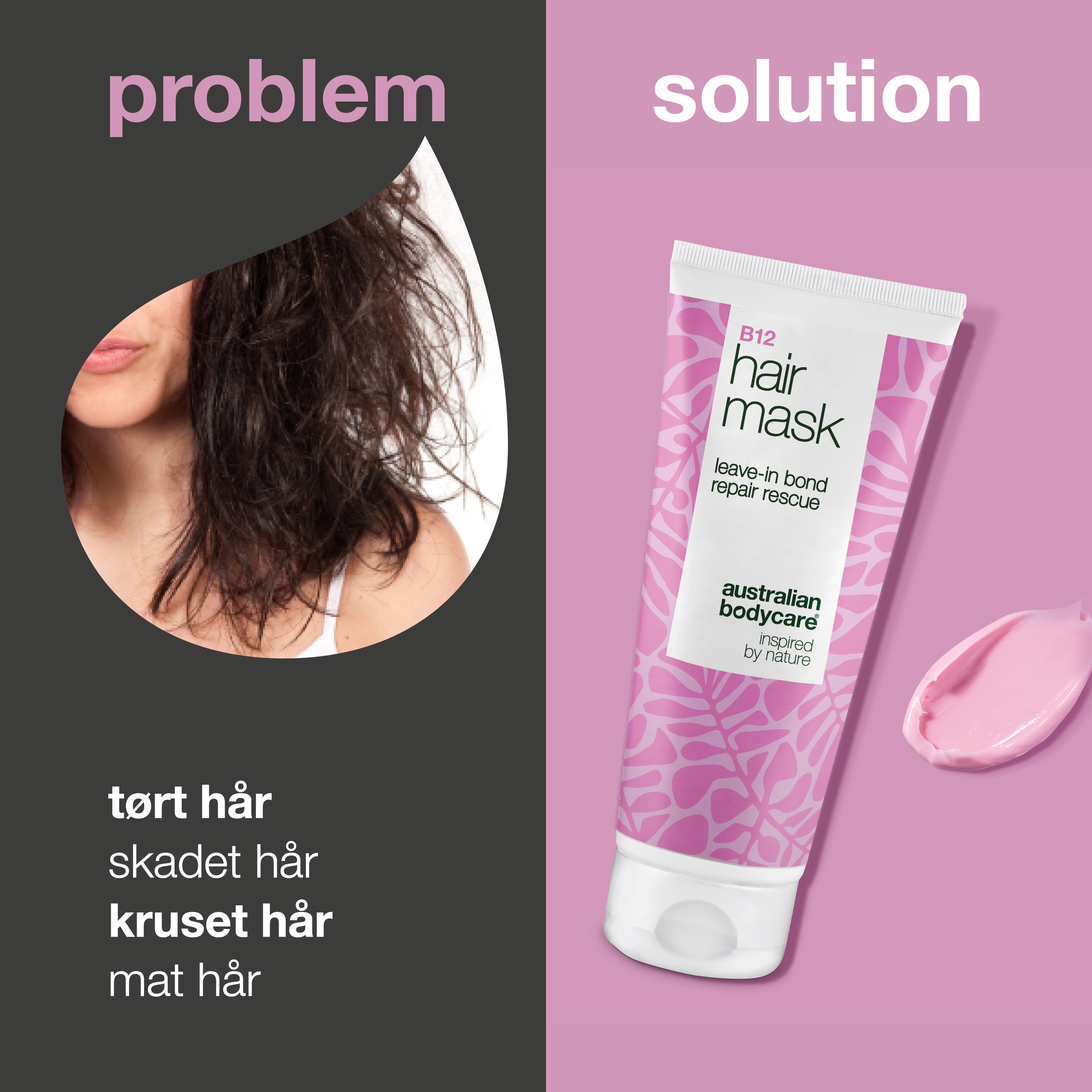 Problem og løsning: tørt, skadet, kruset og mat hår over for B12 Hårmaske fra Australian Bodycare