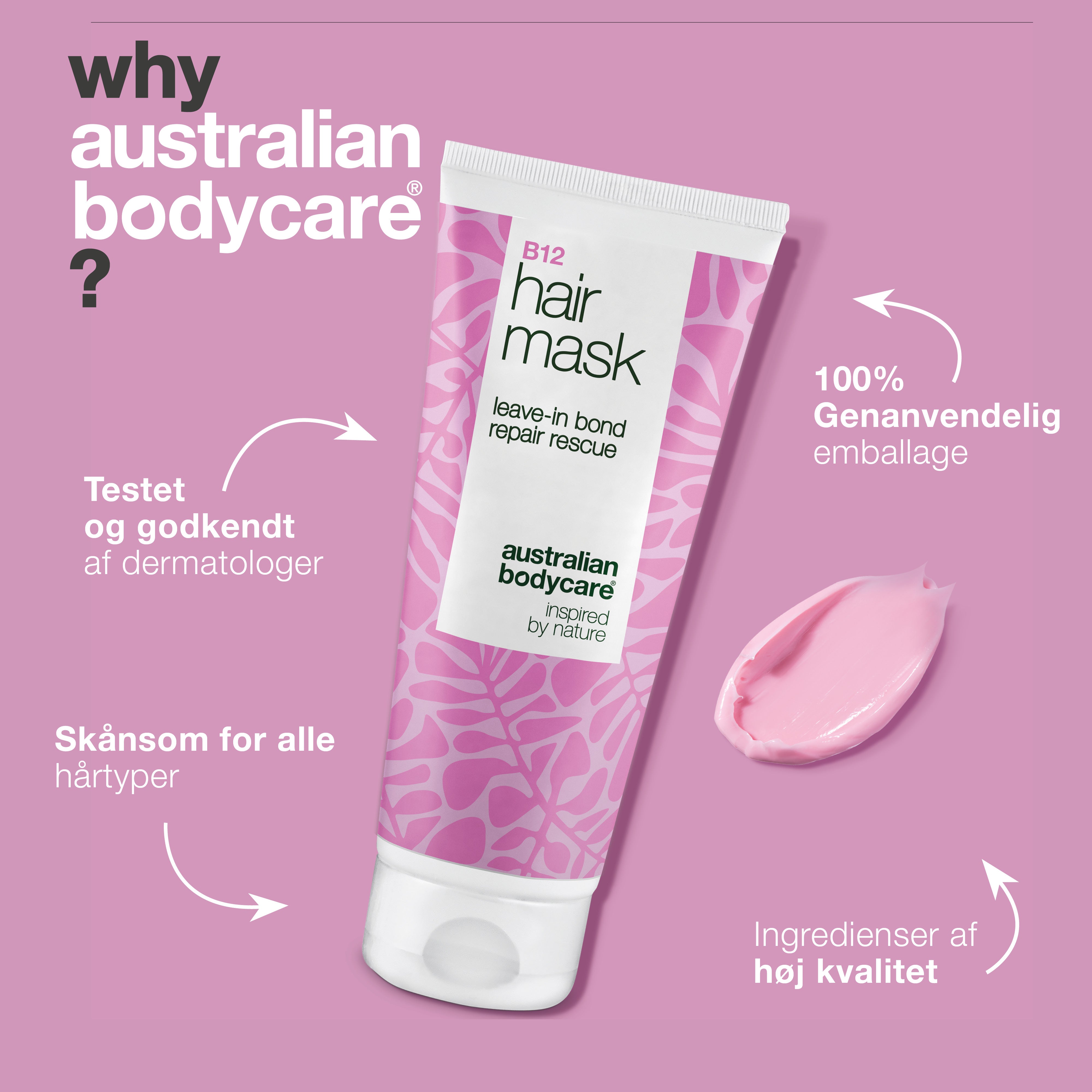 B12 Hårmaske er testet og godkendt af dermatologer, skånsom for alle hårtyper og har 100 % genanvendelig emballage