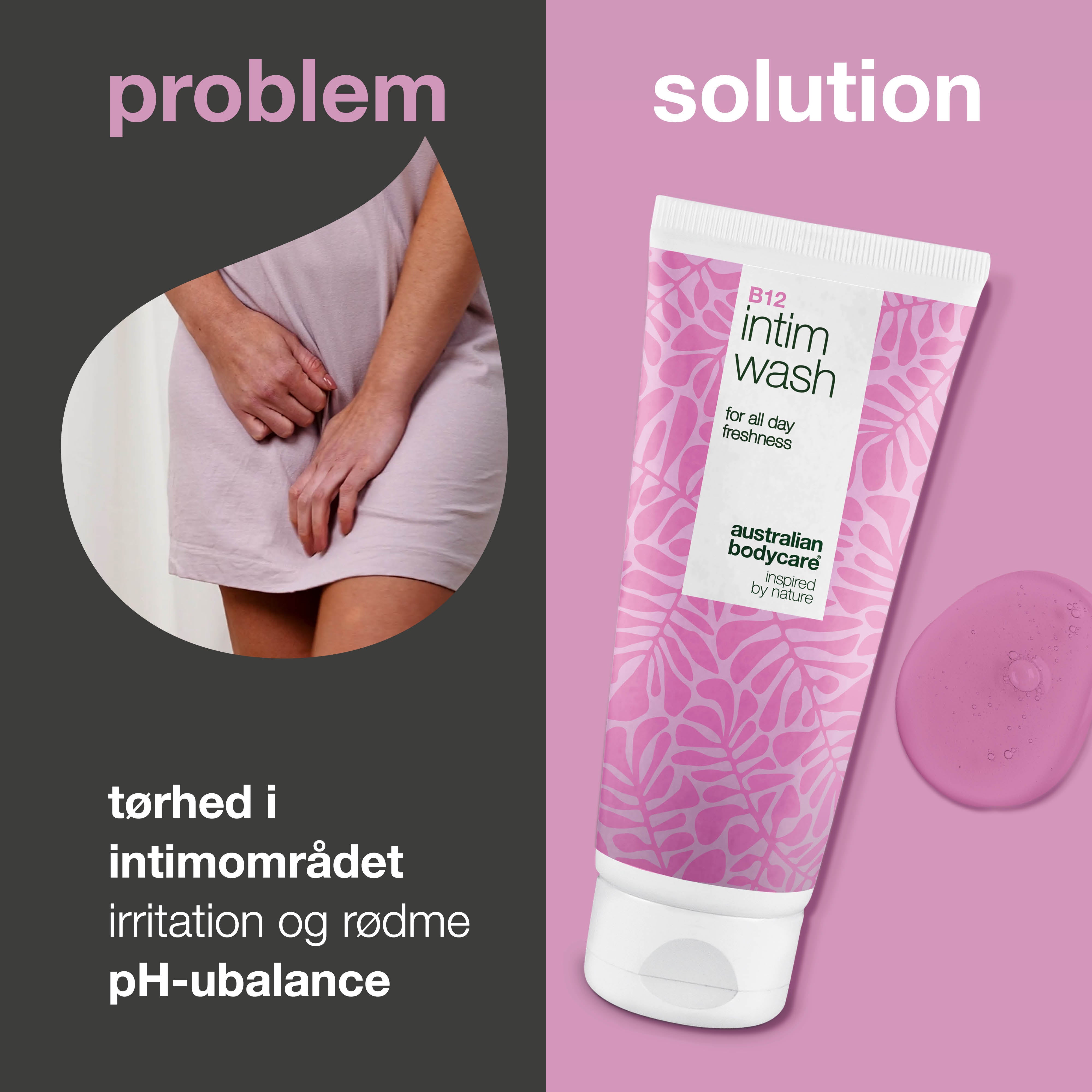 Intimsæbe til tørhed og ubalance i underlivet med glycerin, vitamin B12 og plantebaserede vaskeaktiver. Skånsom pleje til kvinder 40+.
