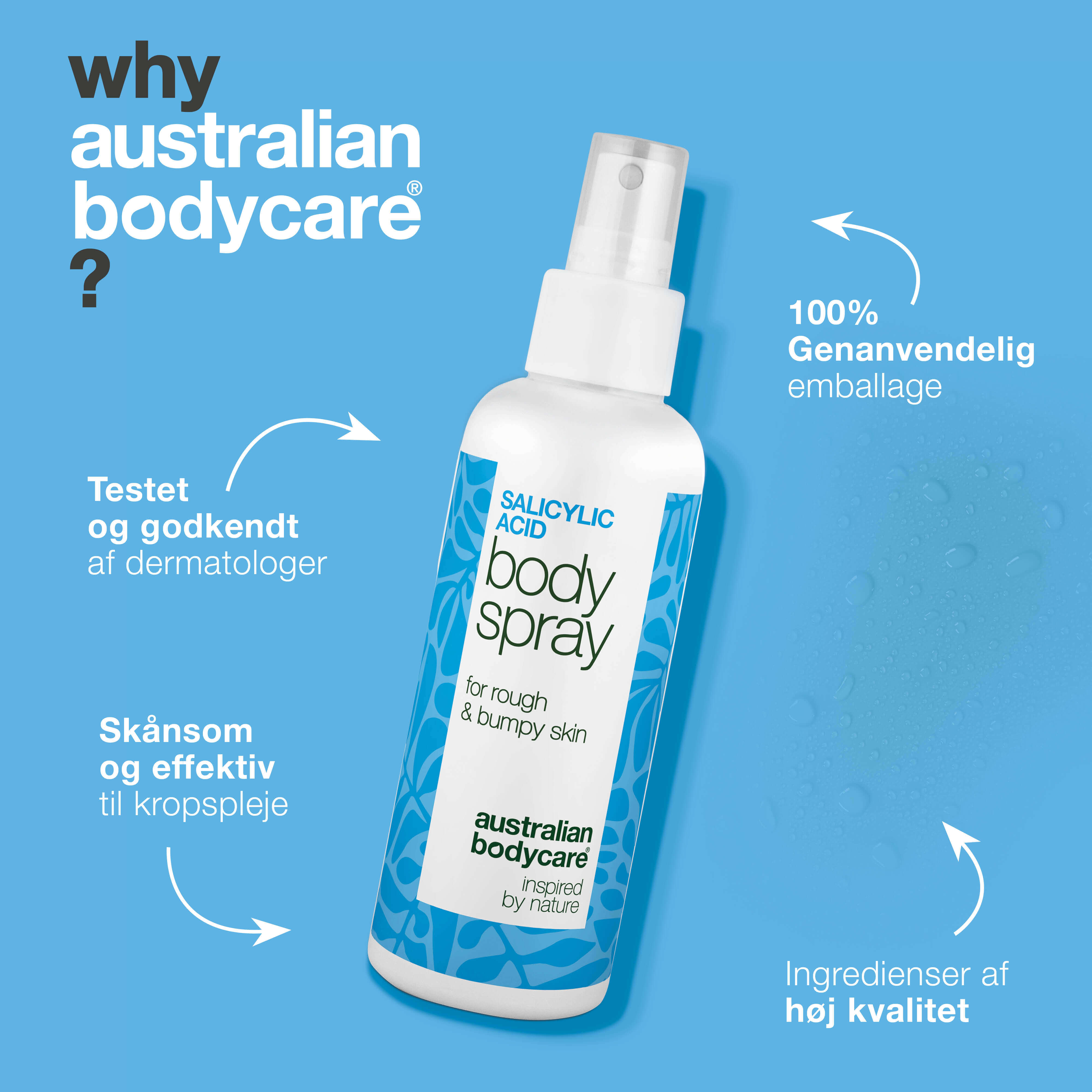 Keratosis Pilaris Spray mod knopper og ru hud på kroppen — Keratosis pilaris spray reducerer knopper og ujævn hud. Bruges dagligt – indeholder effektiv salicylsyre.