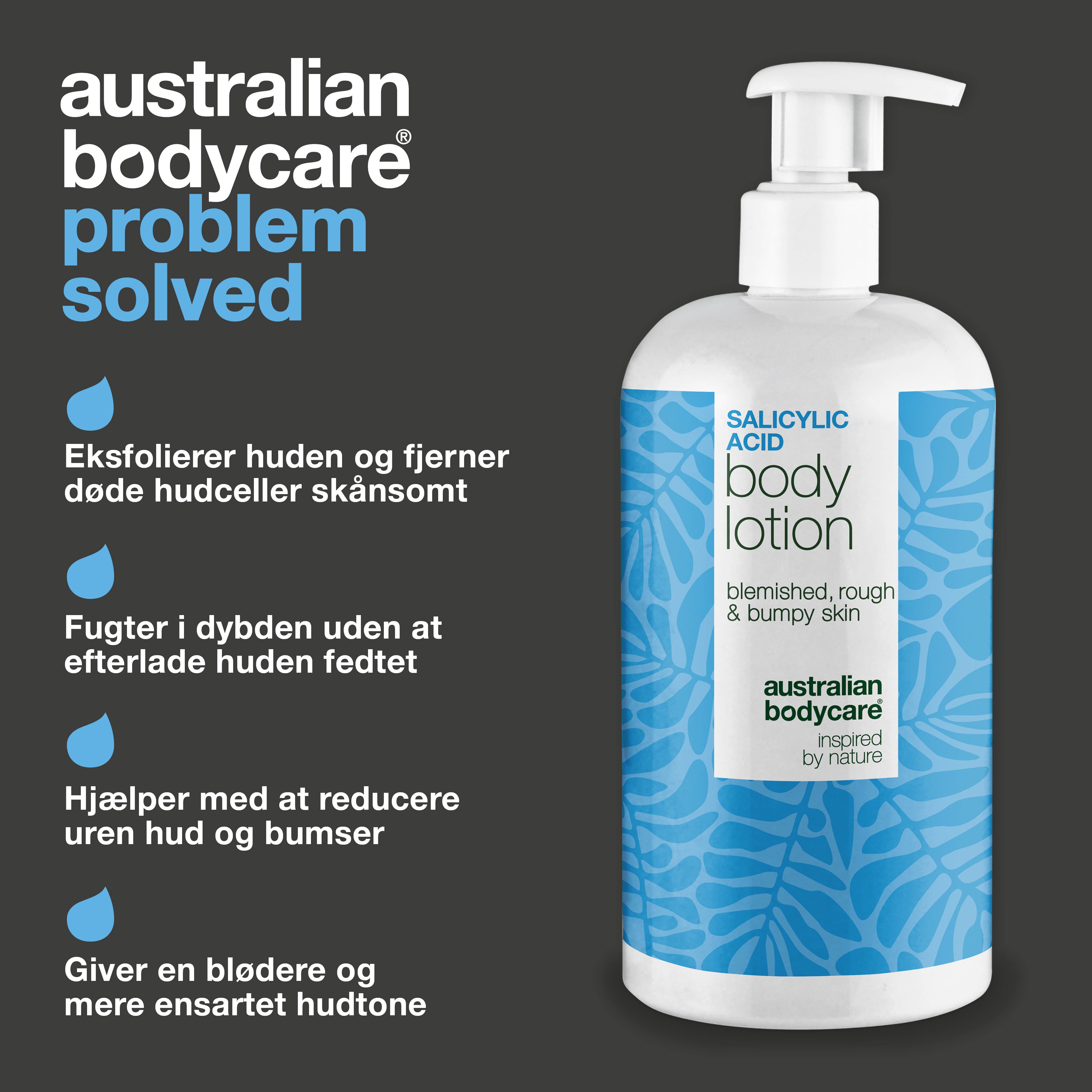 Body Lotion med salicylsyre – mod bumser og tør hud — Body lotion med salicylsyre eksfolierer, fugter og reducerer bumser, uren hud og tørre områder. Perfekt til daglig hudpleje.