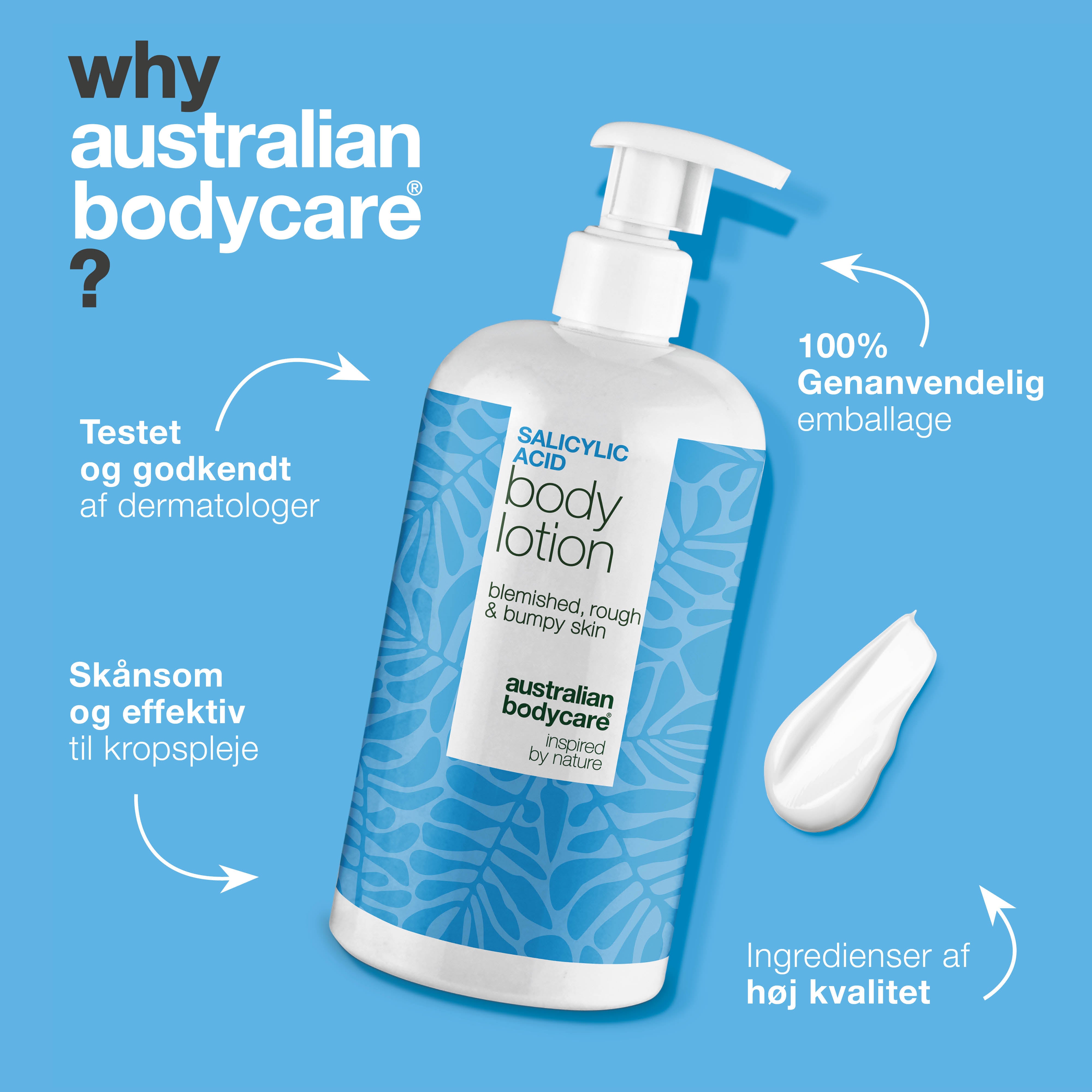 Body Lotion med salicylsyre – mod bumser og tør hud — Body lotion med salicylsyre eksfolierer, fugter og reducerer bumser, uren hud og tørre områder. Perfekt til daglig hudpleje.