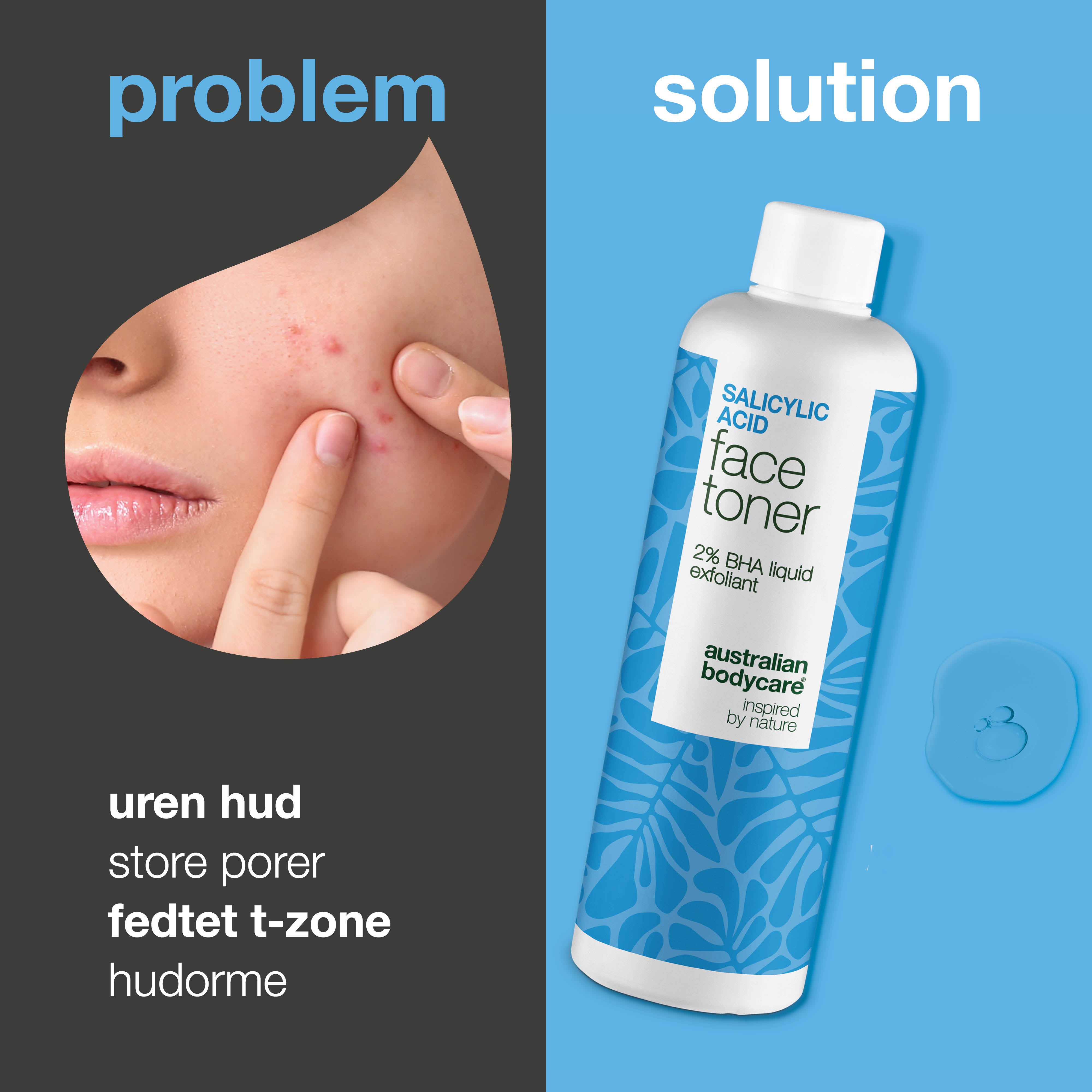 Salicylic Acid toner til dig med tilstoppede porer, bumser og fedtet hud. Effektiv daglig eksfoliering med Salicylic Acid fra Australian Bodycare.