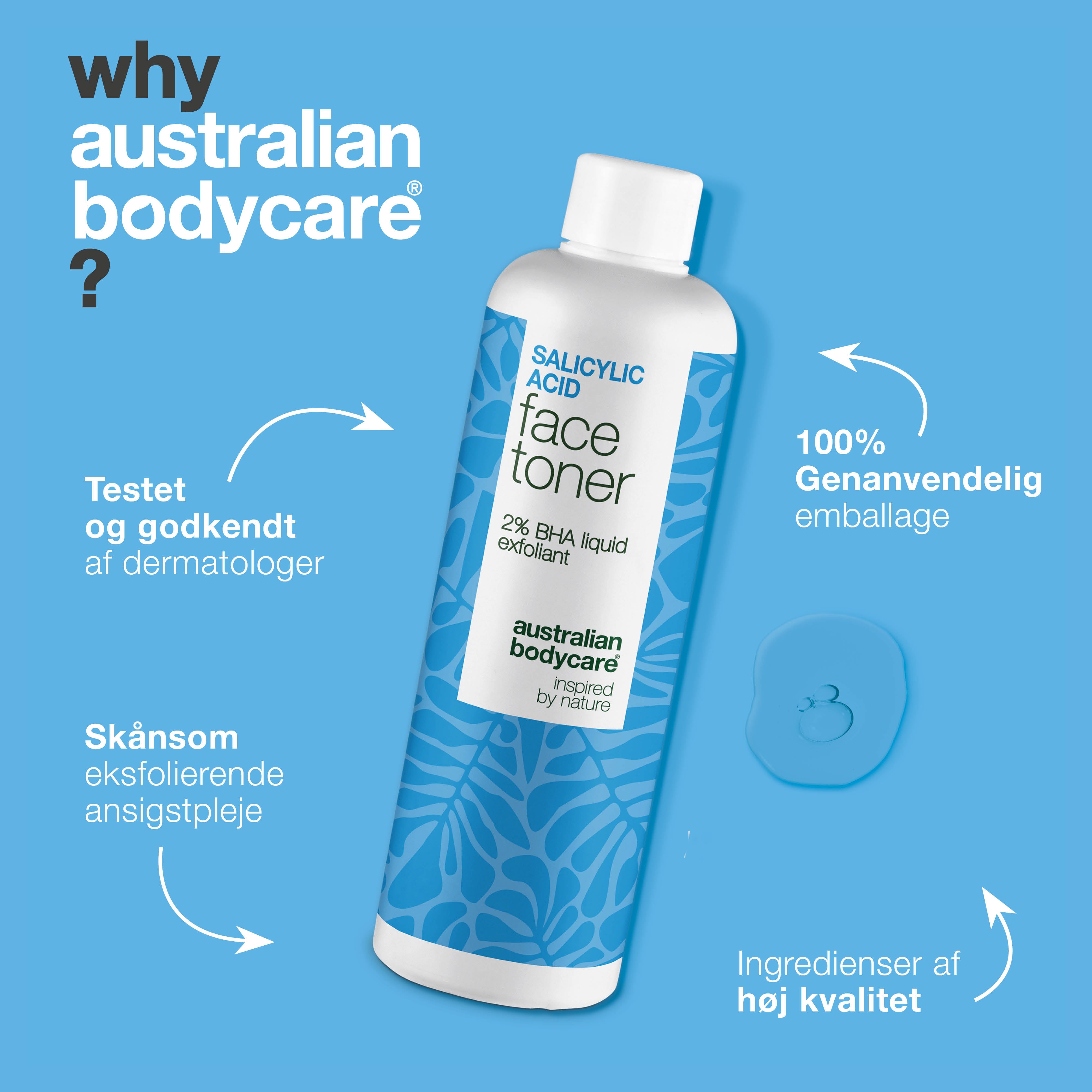 Salicylic Acid toner til dig med tilstoppede porer, bumser og fedtet hud. Effektiv daglig eksfoliering med Salicylic Acid fra Australian Bodycare.