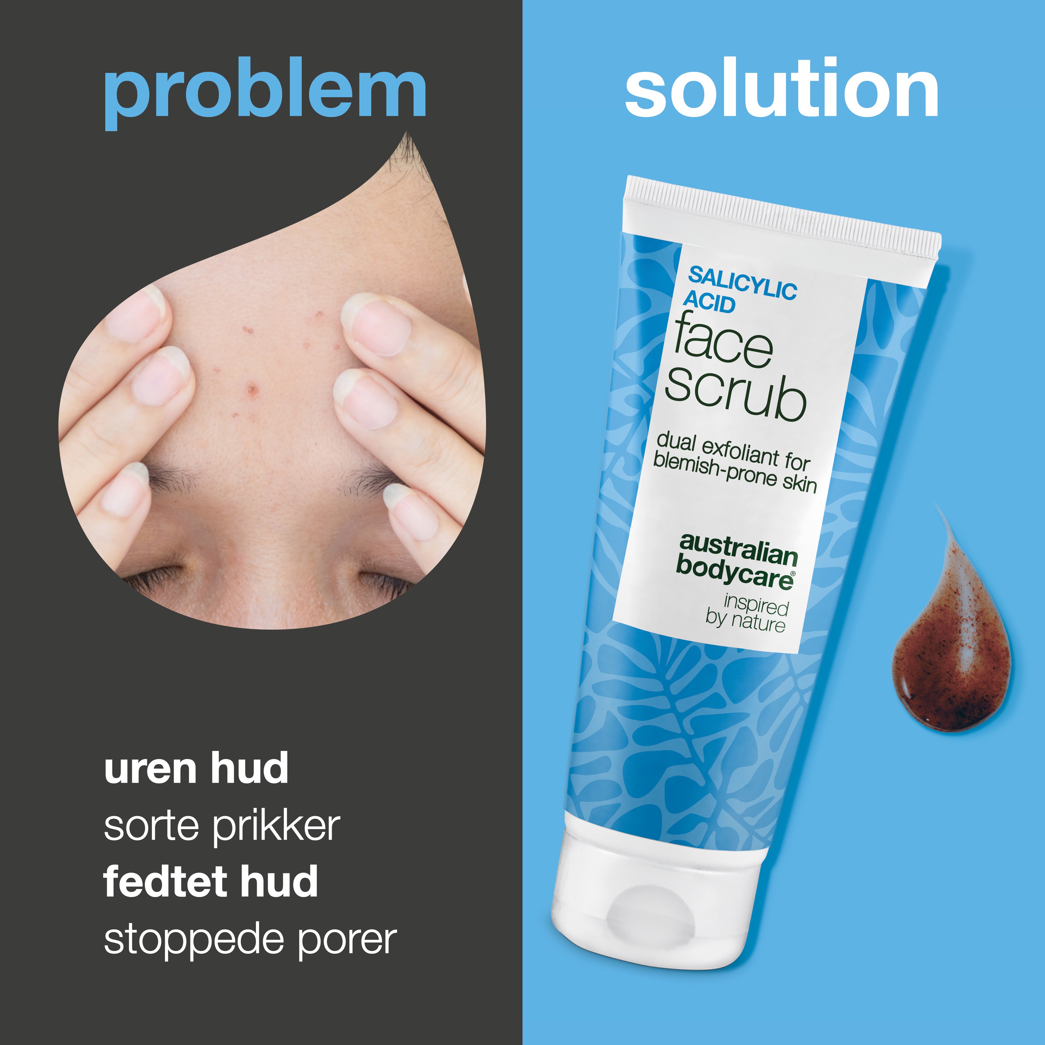 Salicylsyre ansigtsscrub mod uren hud og bumser — Ansigtsscrub mod uren og fedtet hud, blackheads og bumser. Fjerner døde hudceller og overskydende olie. Med effektiv salicylsyre og succinsyre.