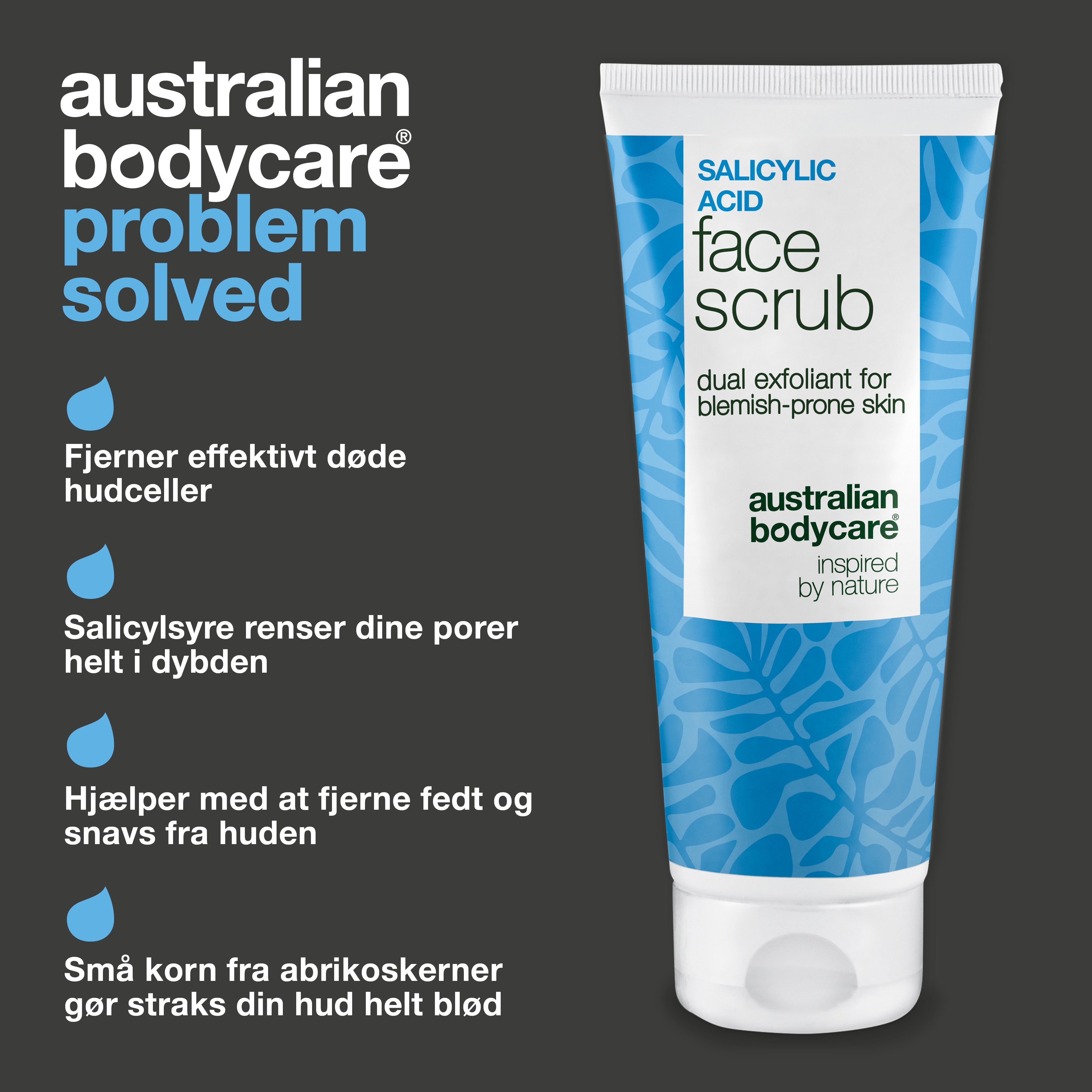 Salicylsyre ansigtsscrub mod uren hud og bumser — Ansigtsscrub mod uren og fedtet hud, blackheads og bumser. Fjerner døde hudceller og overskydende olie. Med effektiv salicylsyre og succinsyre.