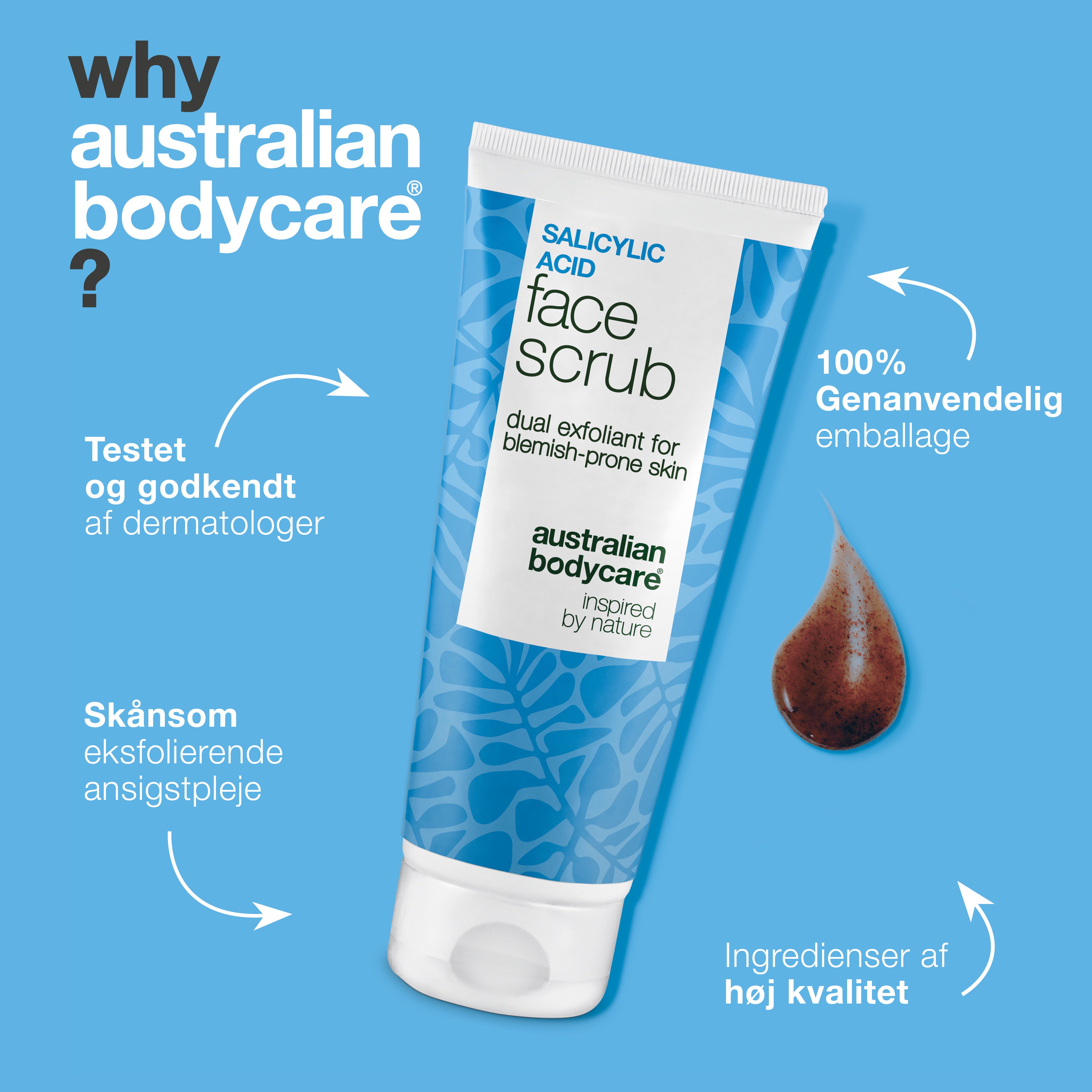 Salicylsyre ansigtsscrub mod uren hud og bumser — Ansigtsscrub mod uren og fedtet hud, blackheads og bumser. Fjerner døde hudceller og overskydende olie. Med effektiv salicylsyre og succinsyre.