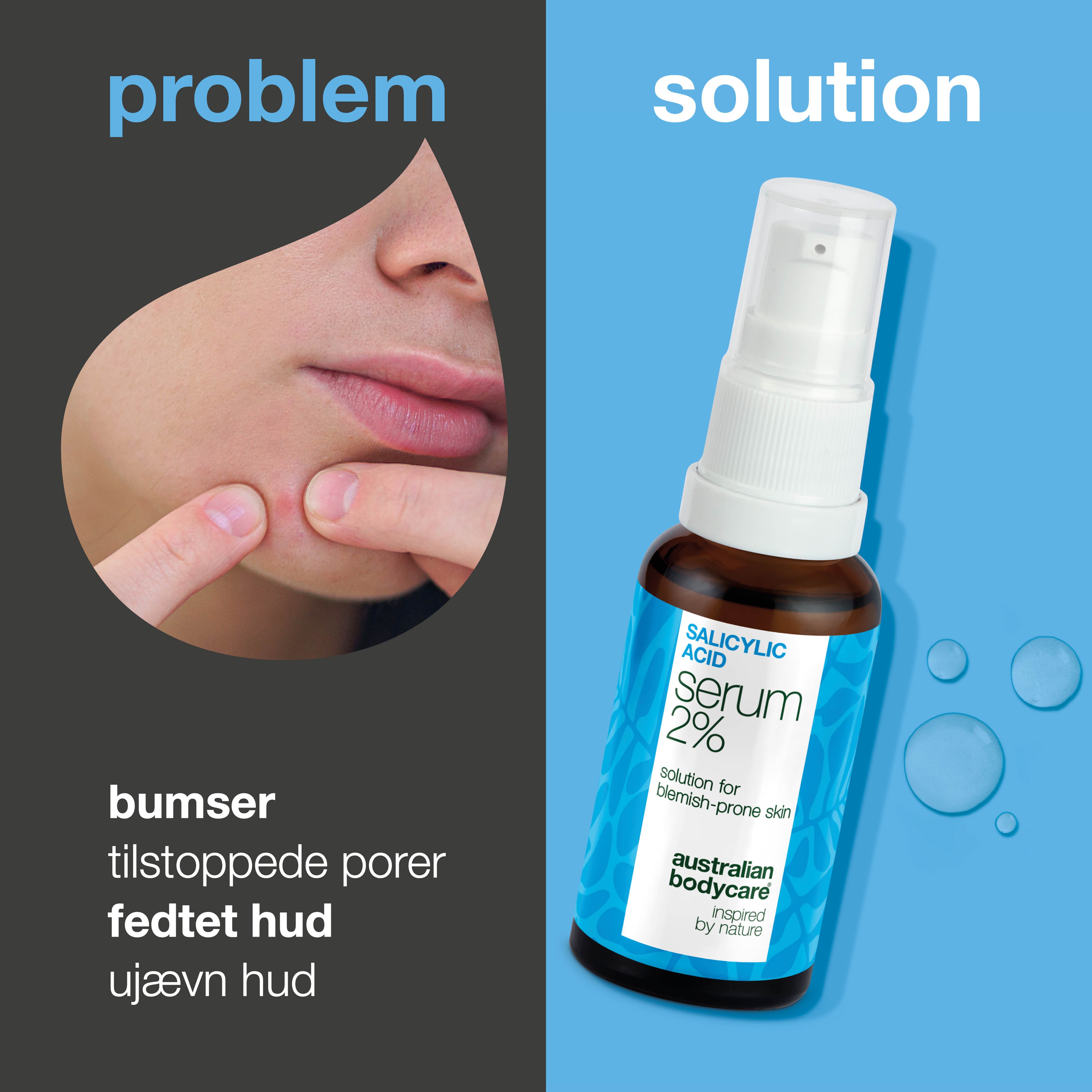 Salisylsyre 2 % til bumser, fedtet hud og tilstoppede porer. Effektivt serum til ansigt og krop. Indeholder Zinc PCA, grøn te og glycerin.