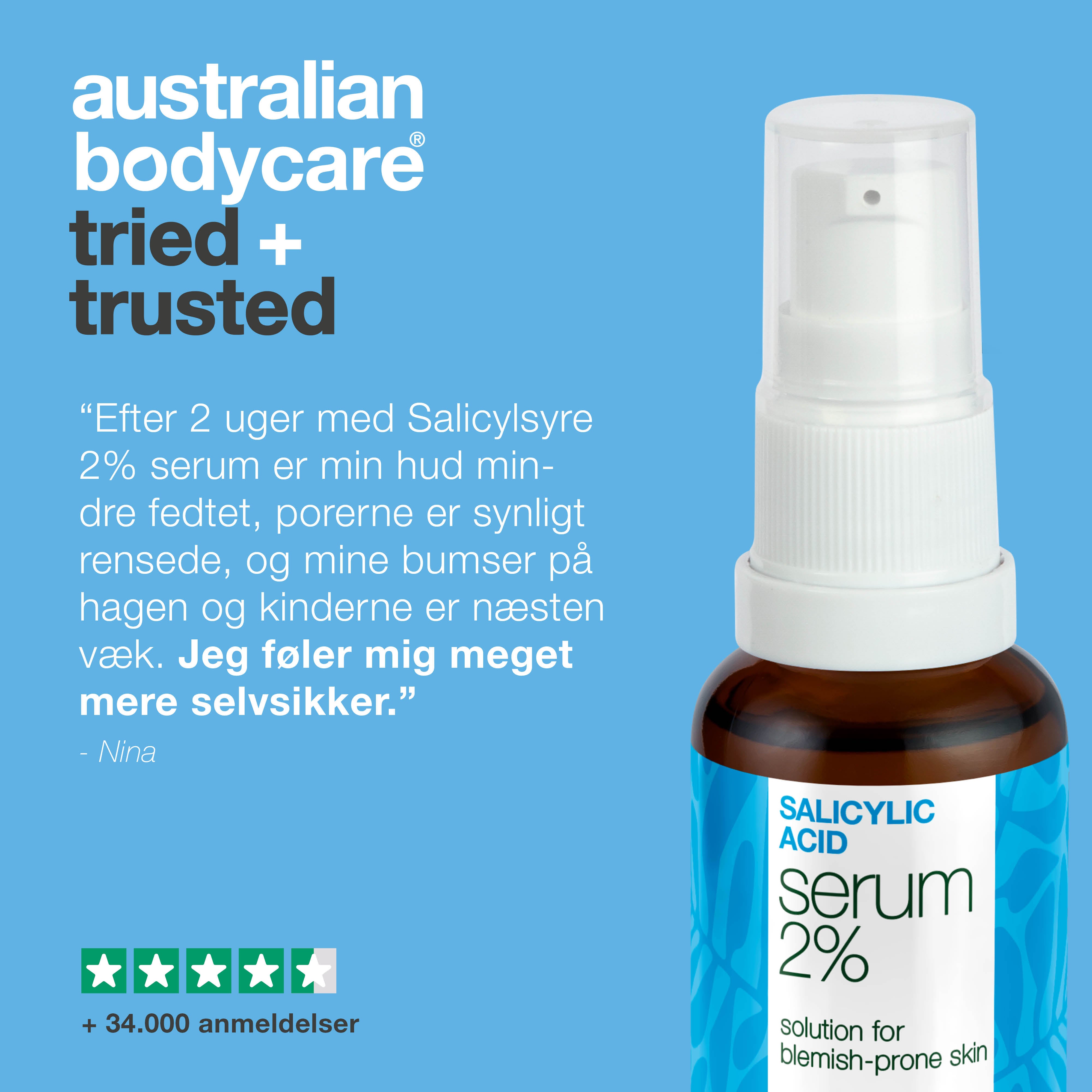 Salisylsyre 2 % til bumser, fedtet hud og tilstoppede porer. Effektivt serum til ansigt og krop. Indeholder Zinc PCA, grøn te og glycerin.