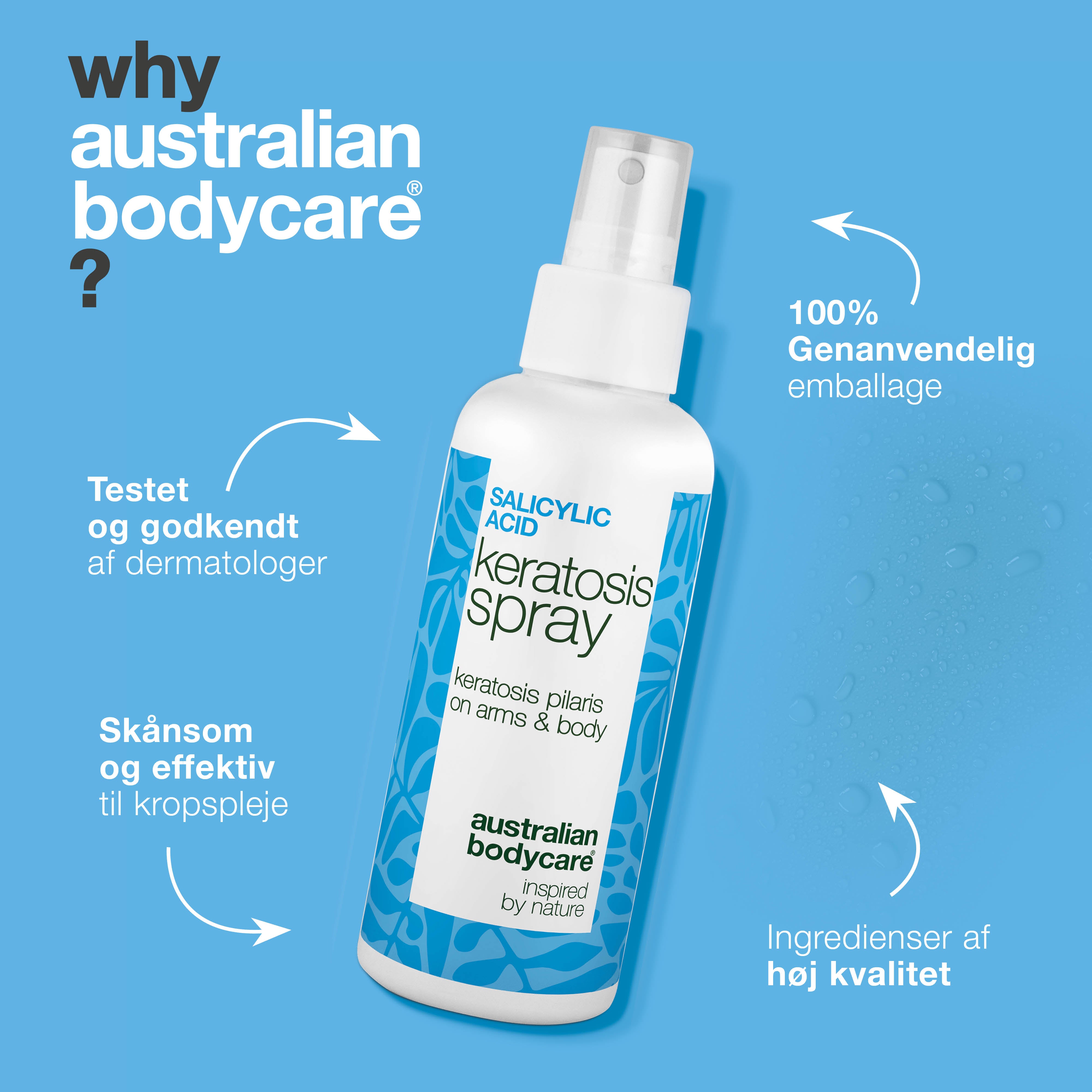 Keratosis Pilaris Spray mod knopper og ru hud på kroppen — Keratosis pilaris spray reducerer knopper og ujævn hud. Bruges dagligt – indeholder effektiv salicylsyre.