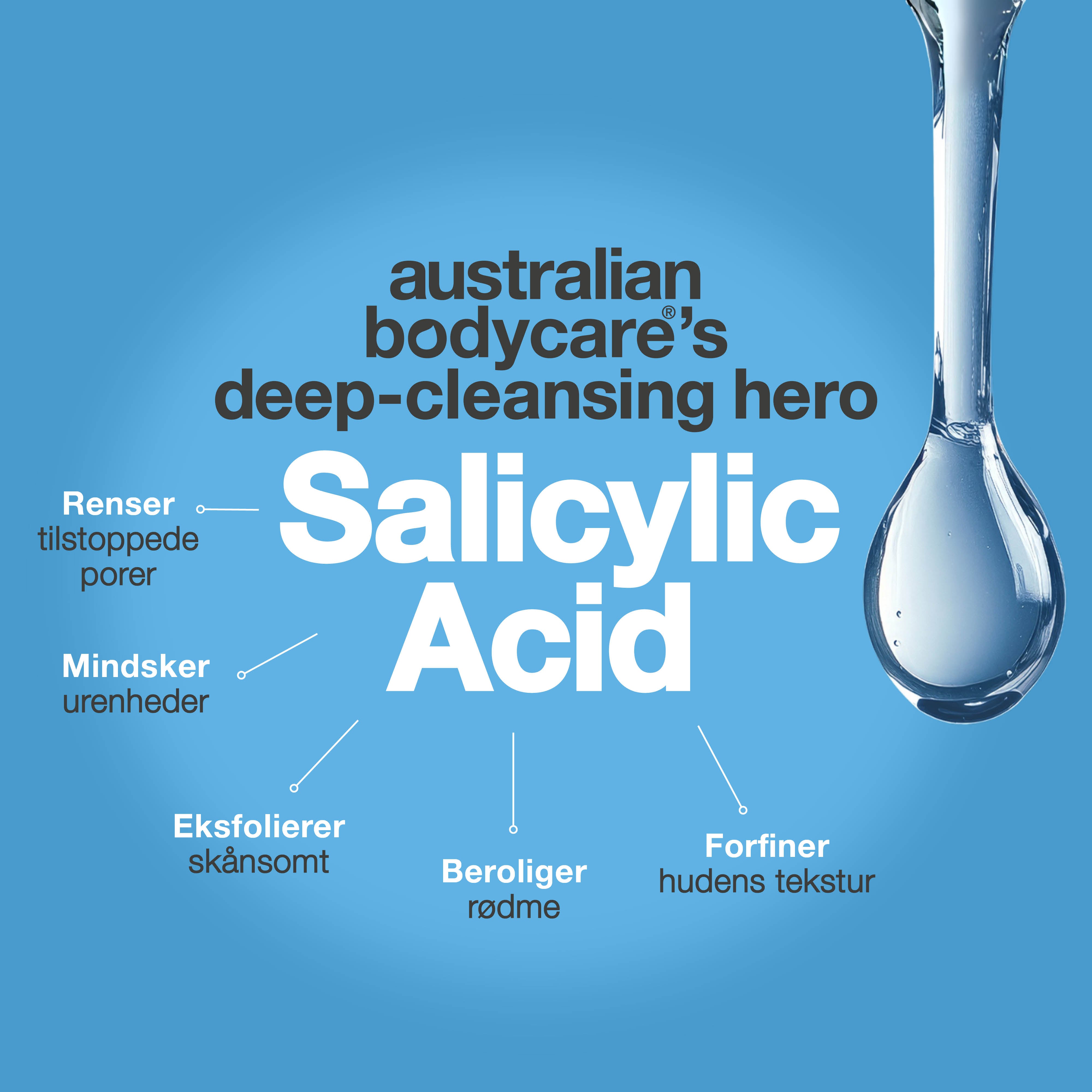 Salicylsyre spray mod bumser og uren hud på kroppen — Salicylsyre spray mod bumser og uren hud. Indeholder salicylsyre og glycolic acid, der renser porer og giver smuk hud.