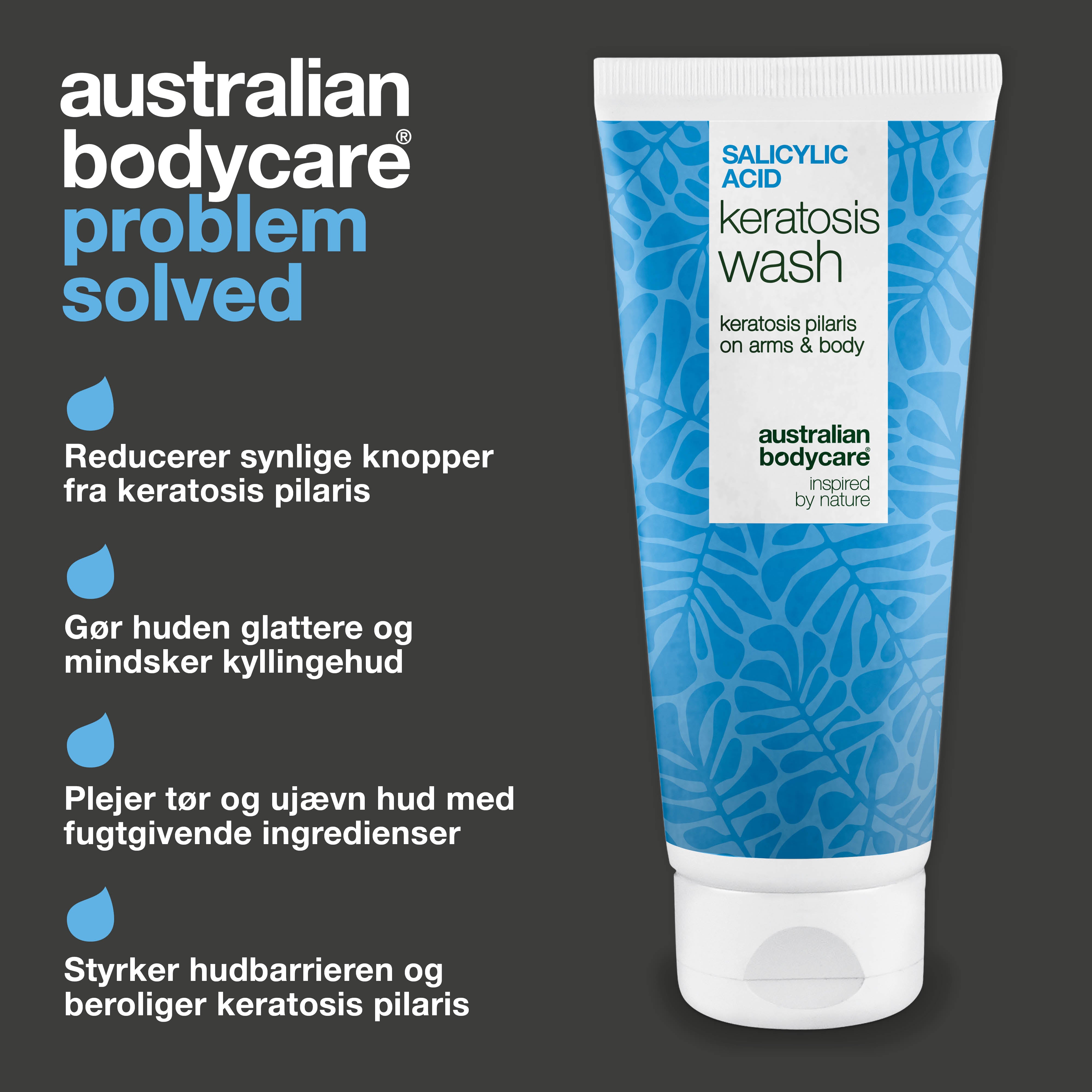 Keratosis Pilaris Body Wash mod tør, ujævn hud og små knopper. Beriget med salicylsyre, niacinamid, zink PCA og glycerin for synligt glattere hud.