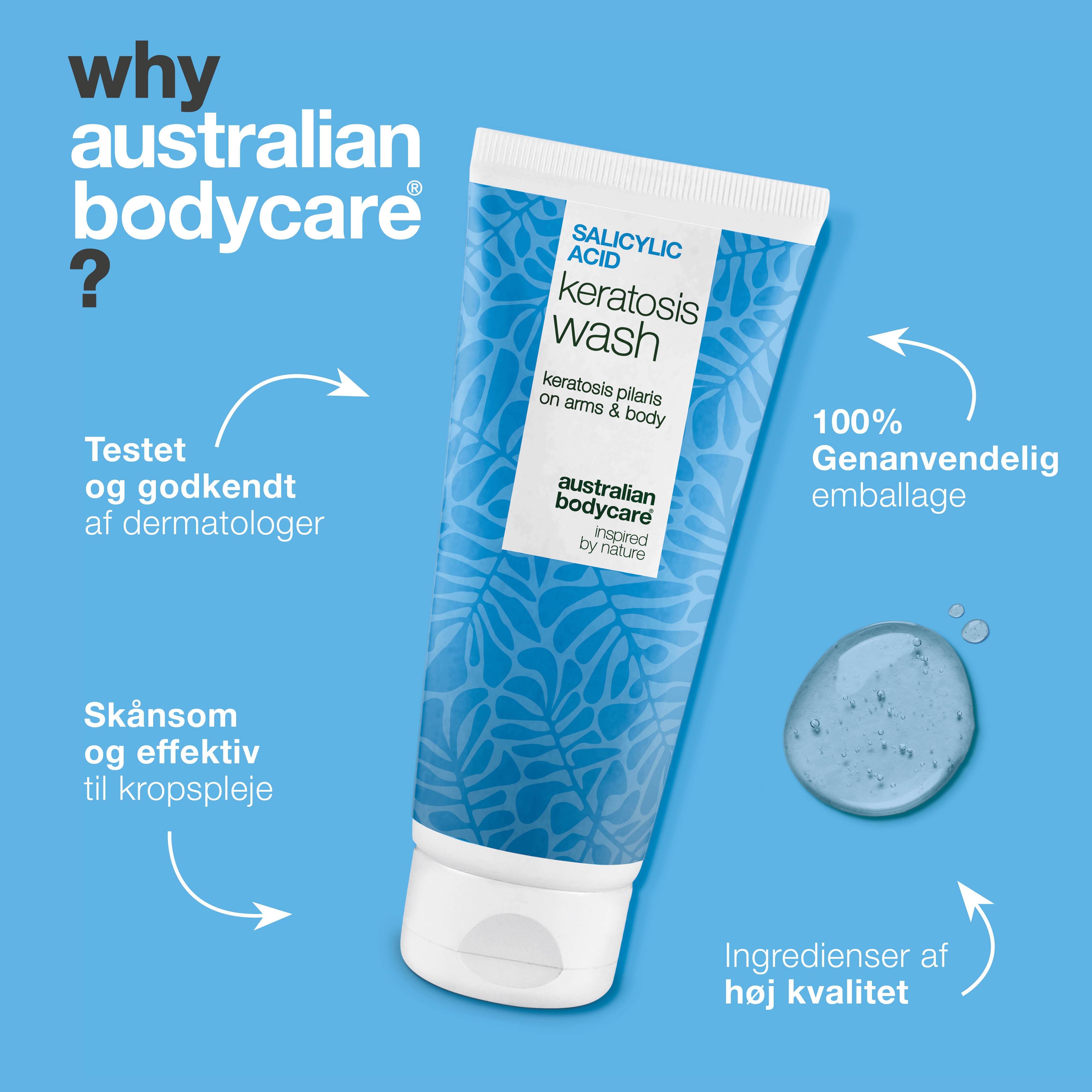 Keratosis Pilaris Body Wash mod tør, ujævn hud og små knopper. Beriget med salicylsyre, niacinamid, zink PCA og glycerin for synligt glattere hud.