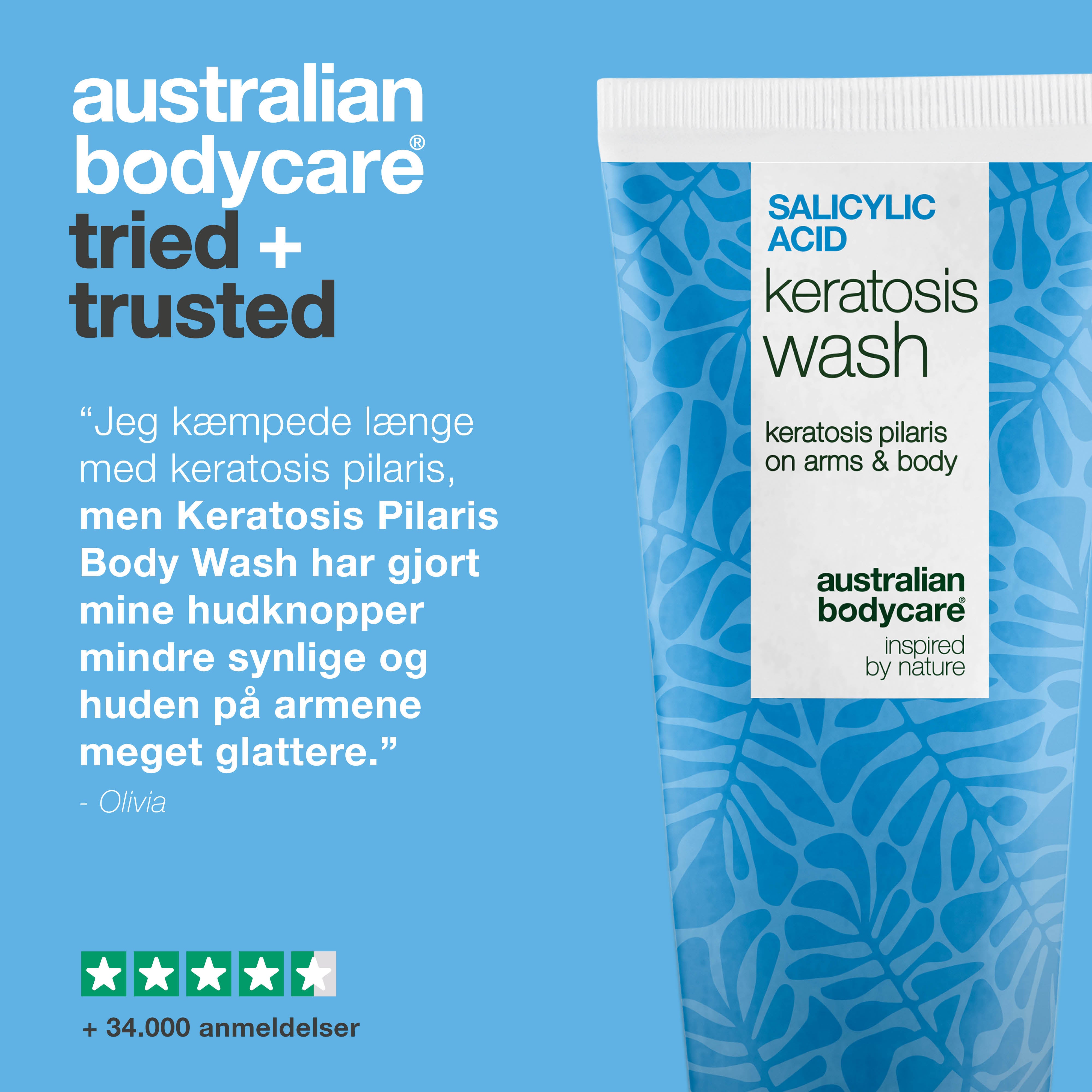Keratosis Pilaris Body Wash mod tør, ujævn hud og små knopper. Beriget med salicylsyre, niacinamid, zink PCA og glycerin for synligt glattere hud.