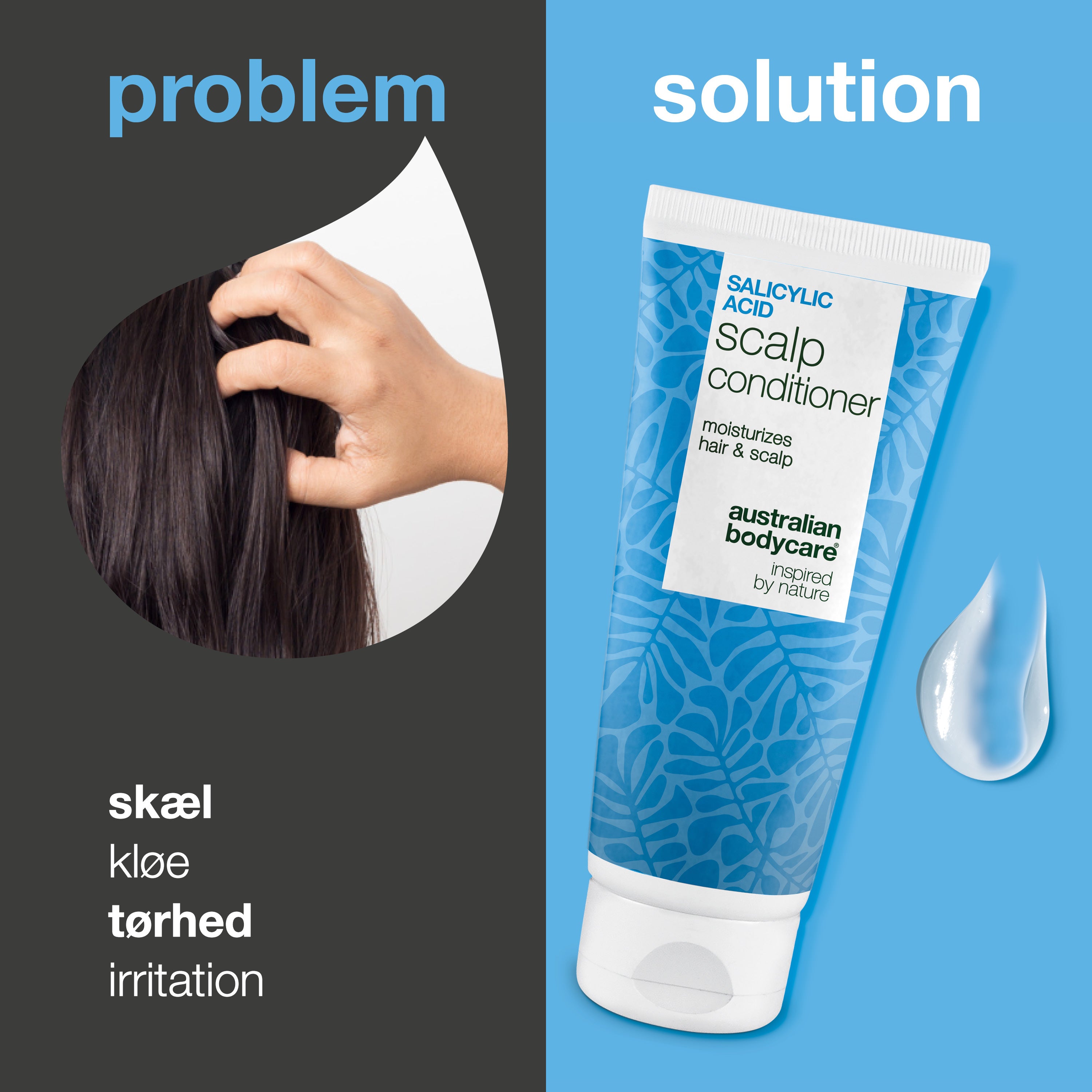 Balsam med Salicylsyre mod skæl og kløende hovedbund — Fugtgivende conditioner til tør hovedbund/hår og knækket hår. Giver blødt hår og lindring med effektiv Salicylsyre.