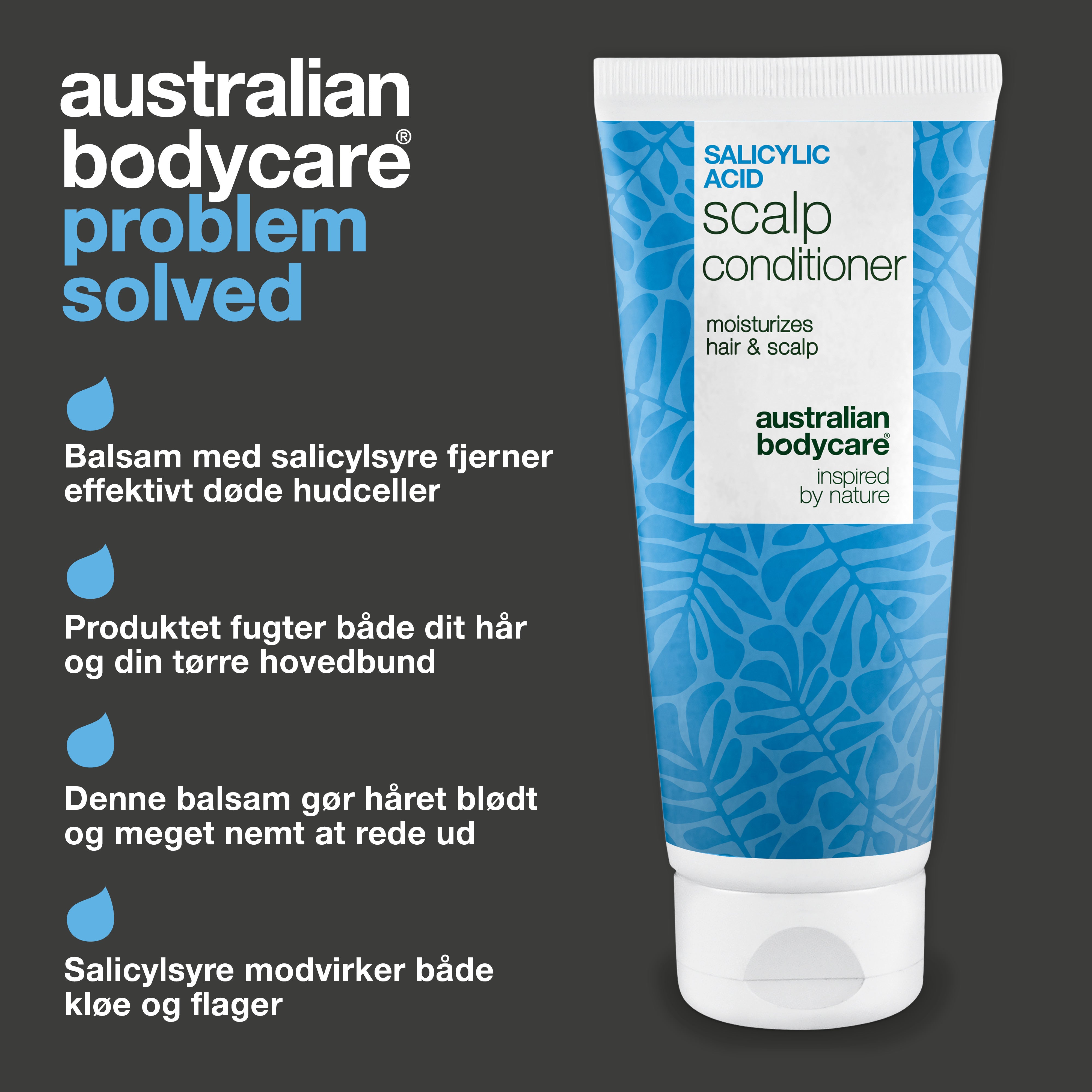 Balsam med Salicylsyre mod skæl og kløende hovedbund — Fugtgivende conditioner til tør hovedbund/hår og knækket hår. Giver blødt hår og lindring med effektiv Salicylsyre.