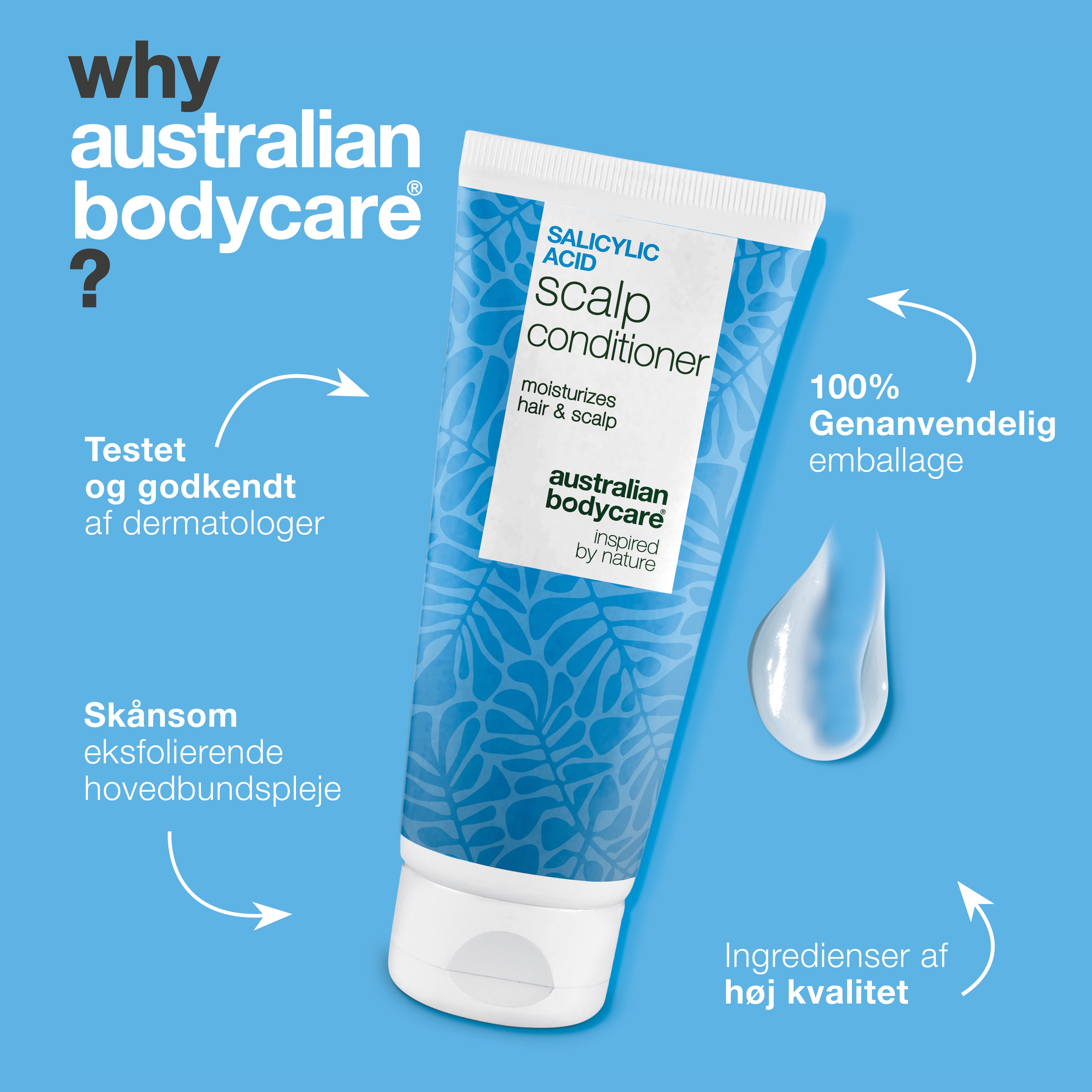 Balsam med Salicylsyre mod skæl og kløende hovedbund — Fugtgivende conditioner til tør hovedbund/hår og knækket hår. Giver blødt hår og lindring med effektiv Salicylsyre.