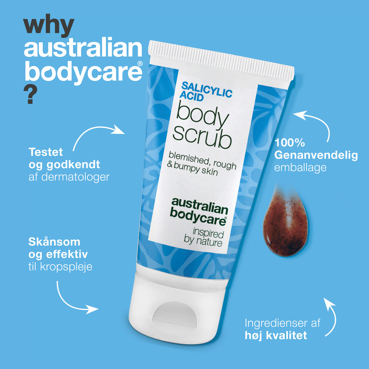 Hvorfor Australian Bodycare: Salicylic Acid Body Scrub er testet og godkendt af dermatologer, skånsom og effektiv til kropspleje, med ingredienser af høj kvalitet og 100 % genanvendelig emballage
