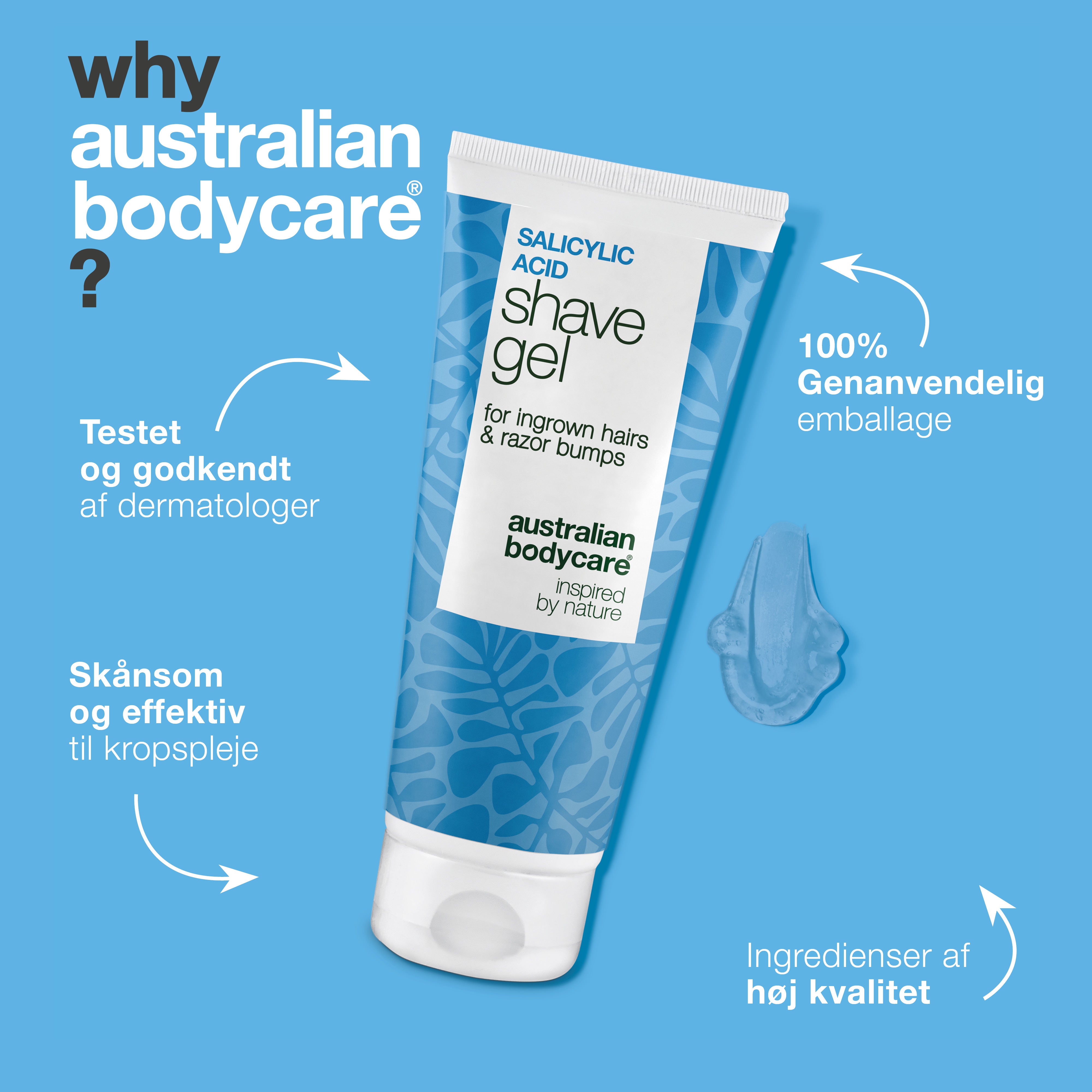 Salicylsyre Barbergel mod indgroede hår og barberknopper — Shave Gel mod indgroede hår & røde knopper. Sikrer glat barbering med salicylsyre, glycerin og panthenol for en irritationsfri barbering.