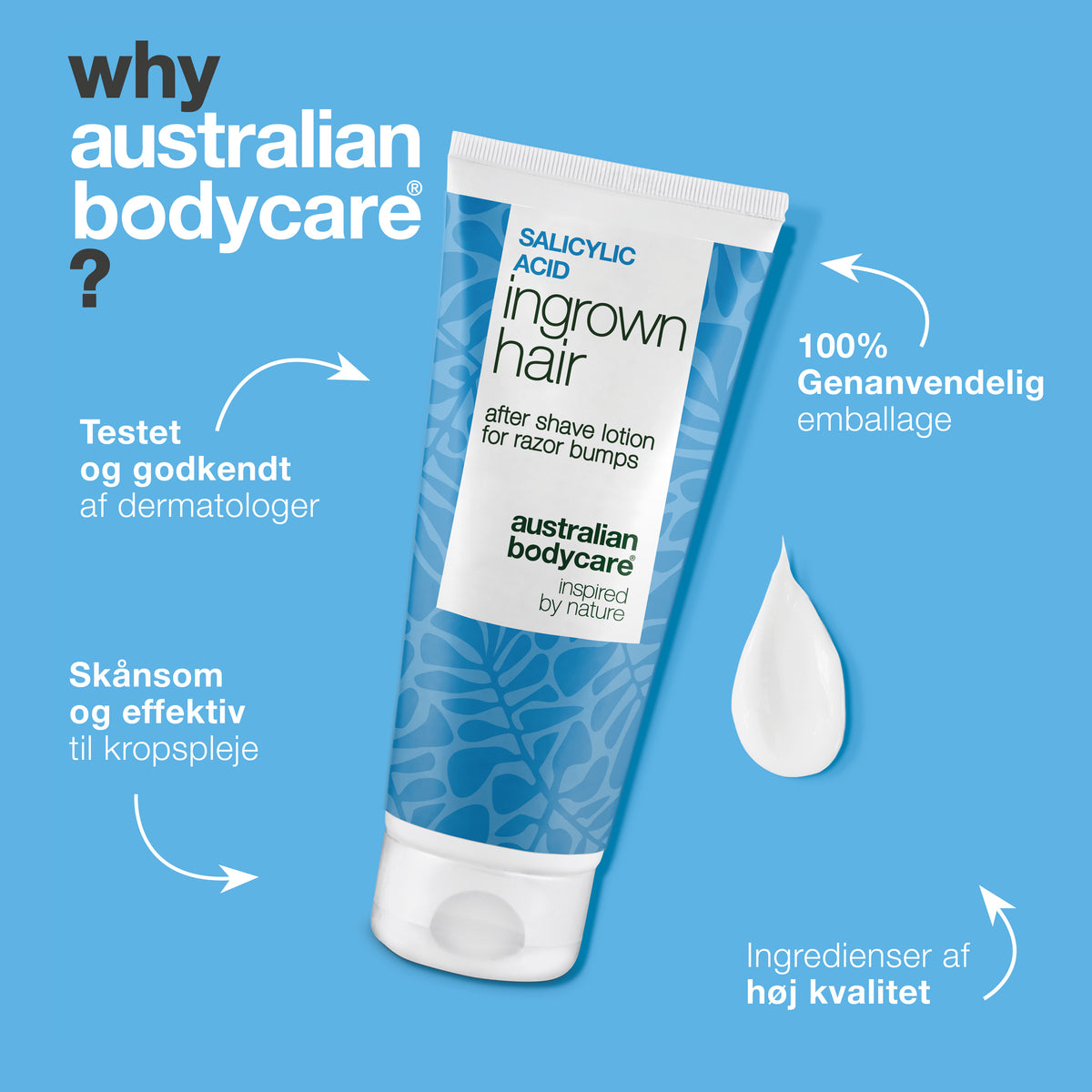 Australian Bodycare Salicylsyre After Shave Lotion i genanvendelig emballage. Dermatologisk testet, skånsom og effektiv kropspleje med ingredienser af høj kvalitet.
