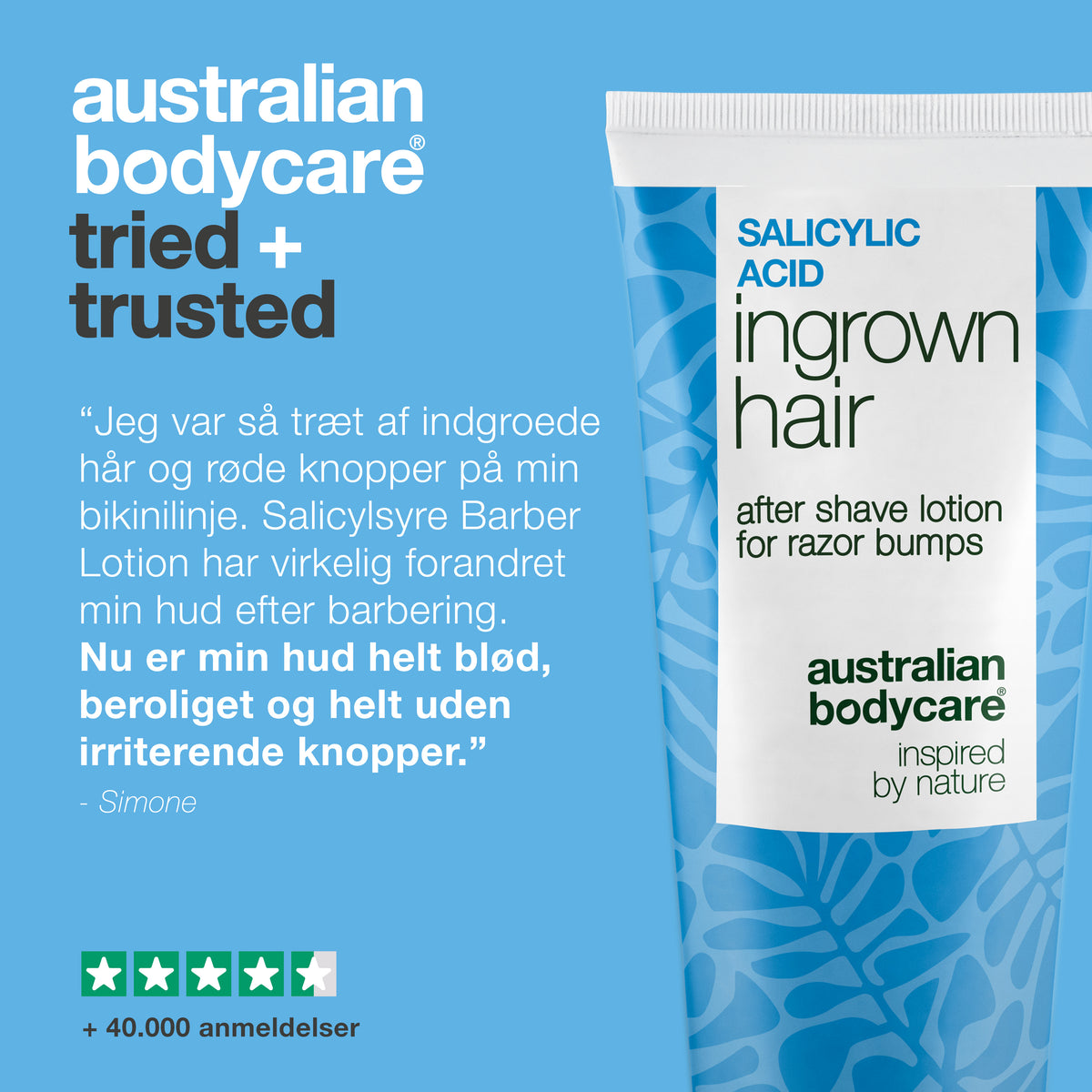 Australian Bodycare Salicylsyre After Shave Lotion mod indgroede hår og røde knopper. Billedet viser produktet sammen med en kundeanmeldelse om blødere, mere beroliget hud efter barbering samt over 40.000 anmeldelser.
