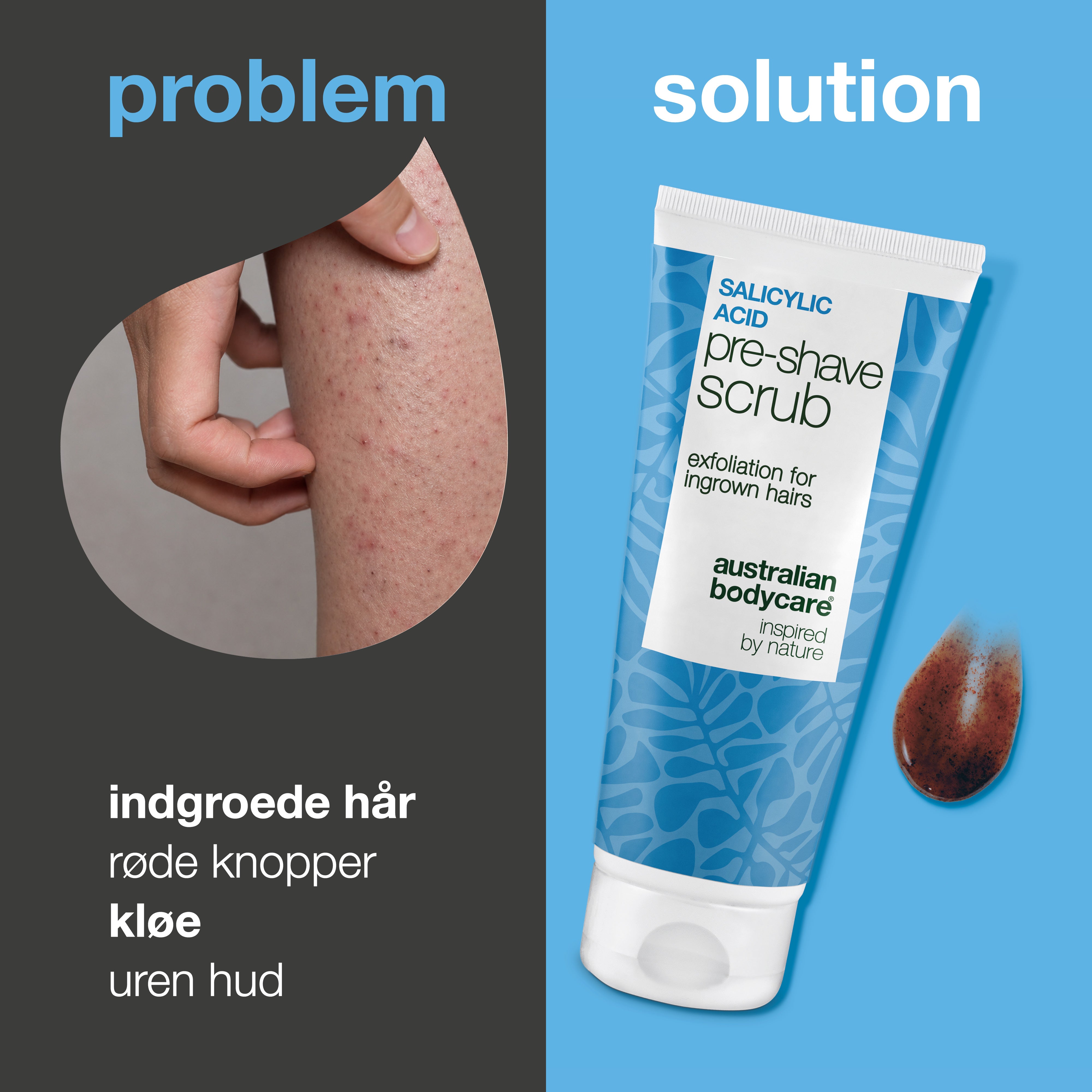Salicylsyre Pre-shave Scrub mod indgroede hår & røde knopper — Undgå barberingsknopper og indgroede hår med effektive eksfoliering før barbering. Med salicylsyre (BHA), Glykolsyre (AHA) og glycerin.
