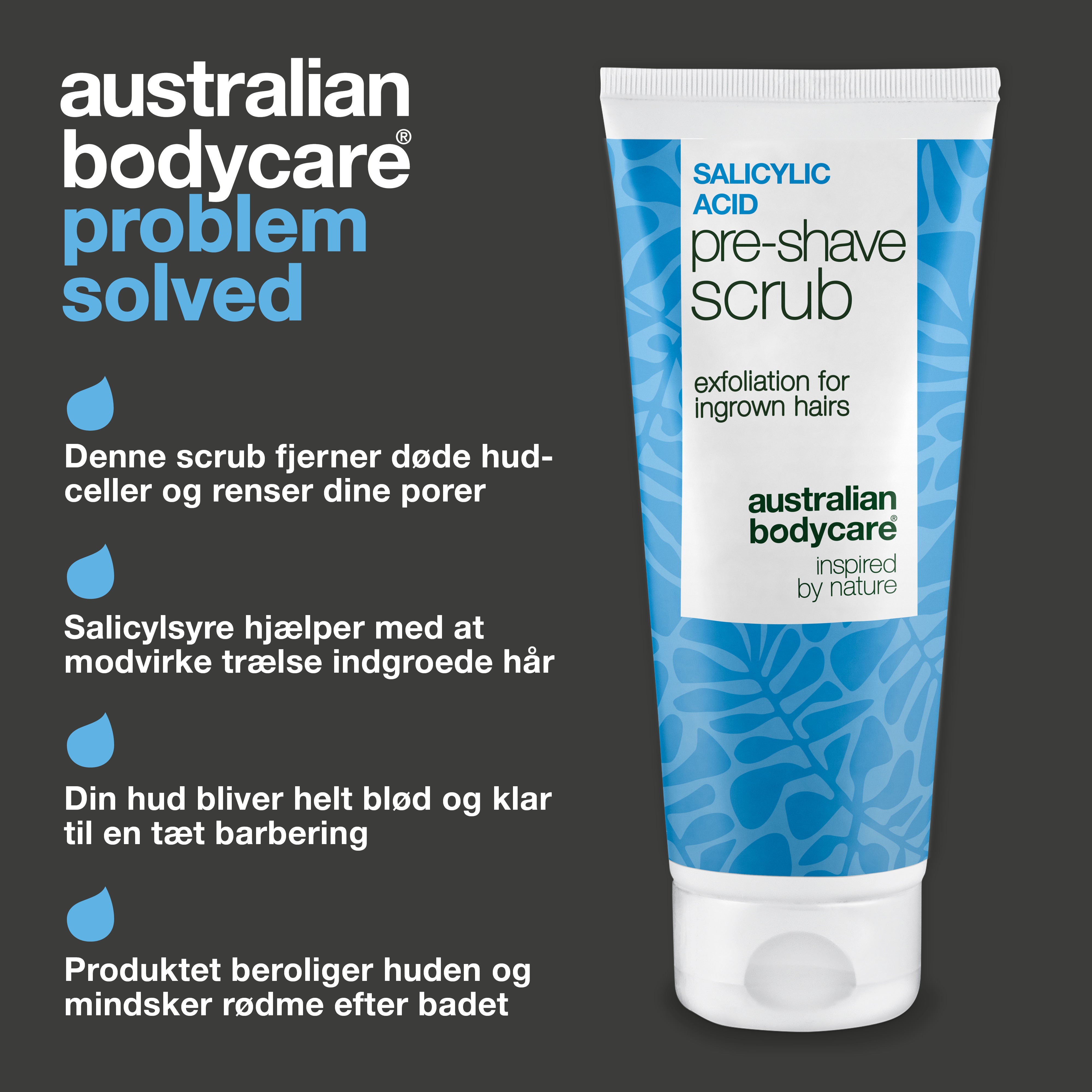 Salicylsyre Pre-shave Scrub mod indgroede hår & røde knopper — Undgå barberingsknopper og indgroede hår med effektive eksfoliering før barbering. Med salicylsyre (BHA), Glykolsyre (AHA) og glycerin.