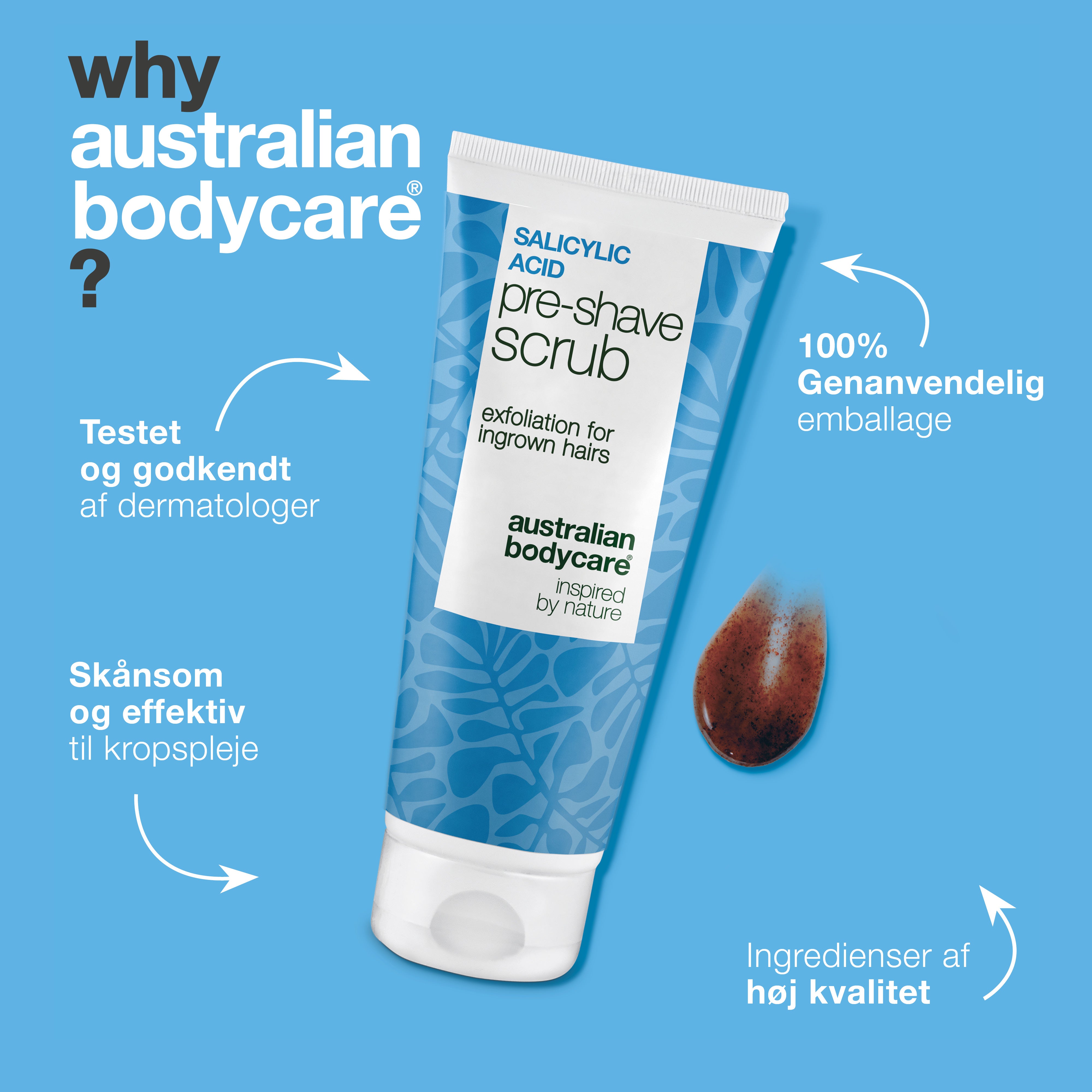 Salicylsyre Pre-shave Scrub mod indgroede hår & røde knopper — Undgå barberingsknopper og indgroede hår med effektive eksfoliering før barbering. Med salicylsyre (BHA), Glykolsyre (AHA) og glycerin.