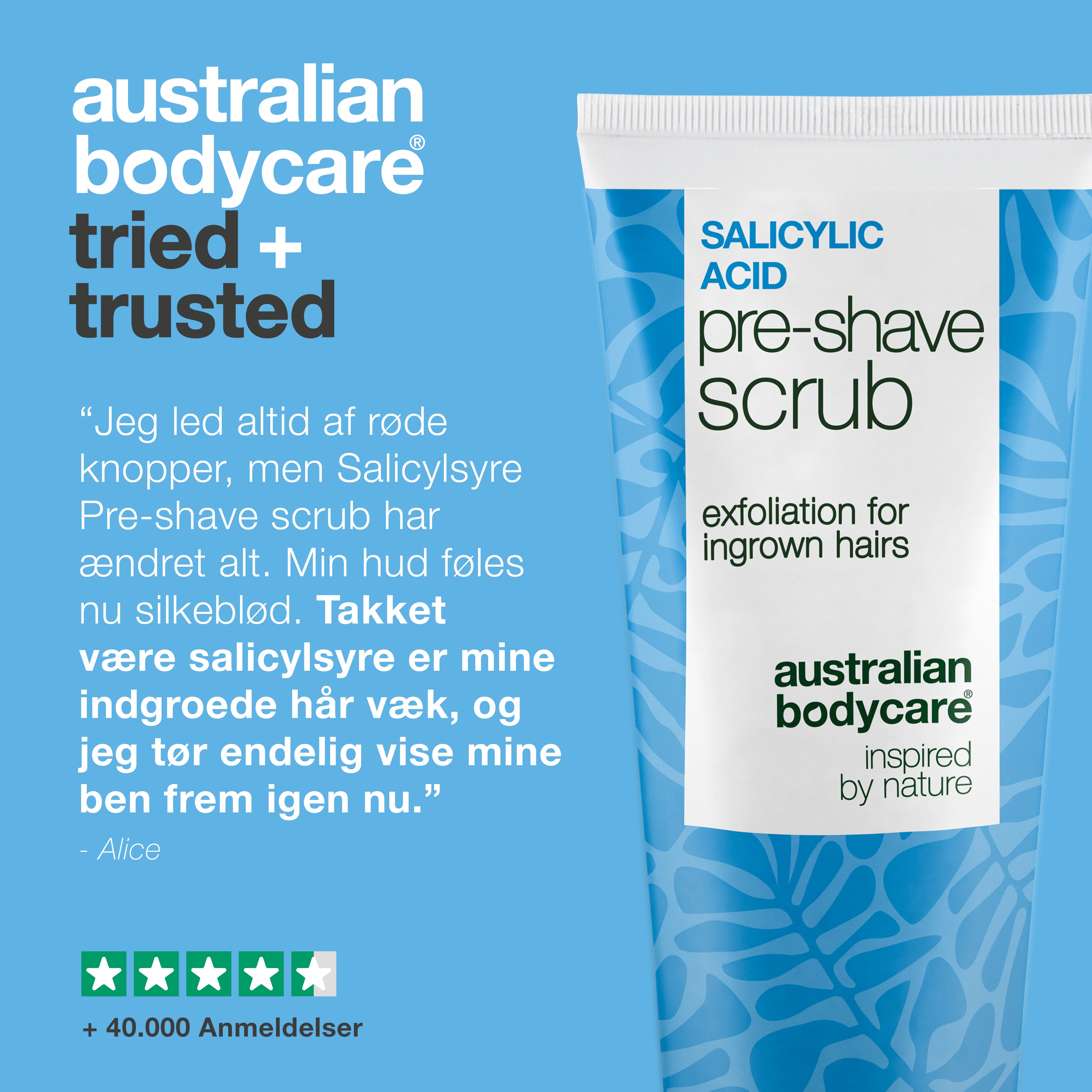 Salicylsyre Pre-shave Scrub mod indgroede hår & røde knopper — Undgå barberingsknopper og indgroede hår med effektive eksfoliering før barbering. Med salicylsyre (BHA), Glykolsyre (AHA) og glycerin.