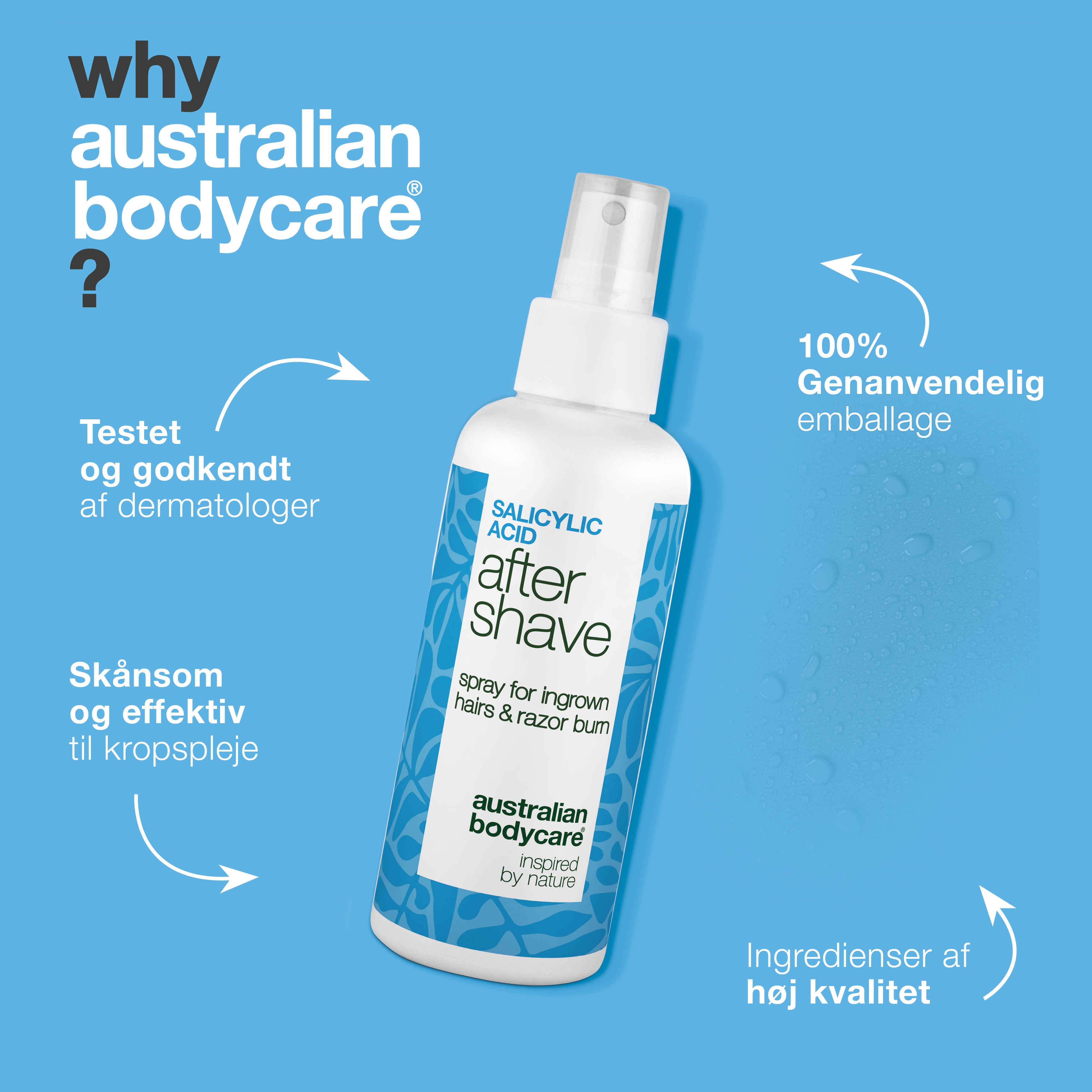 Salicylsyre After Shave Spray til skægpest, razor burn & røde knopper — After Shave Spray til kløe, svie og rødme efter barbering med Salicylsyre, Aloe Vera og Panthenol.