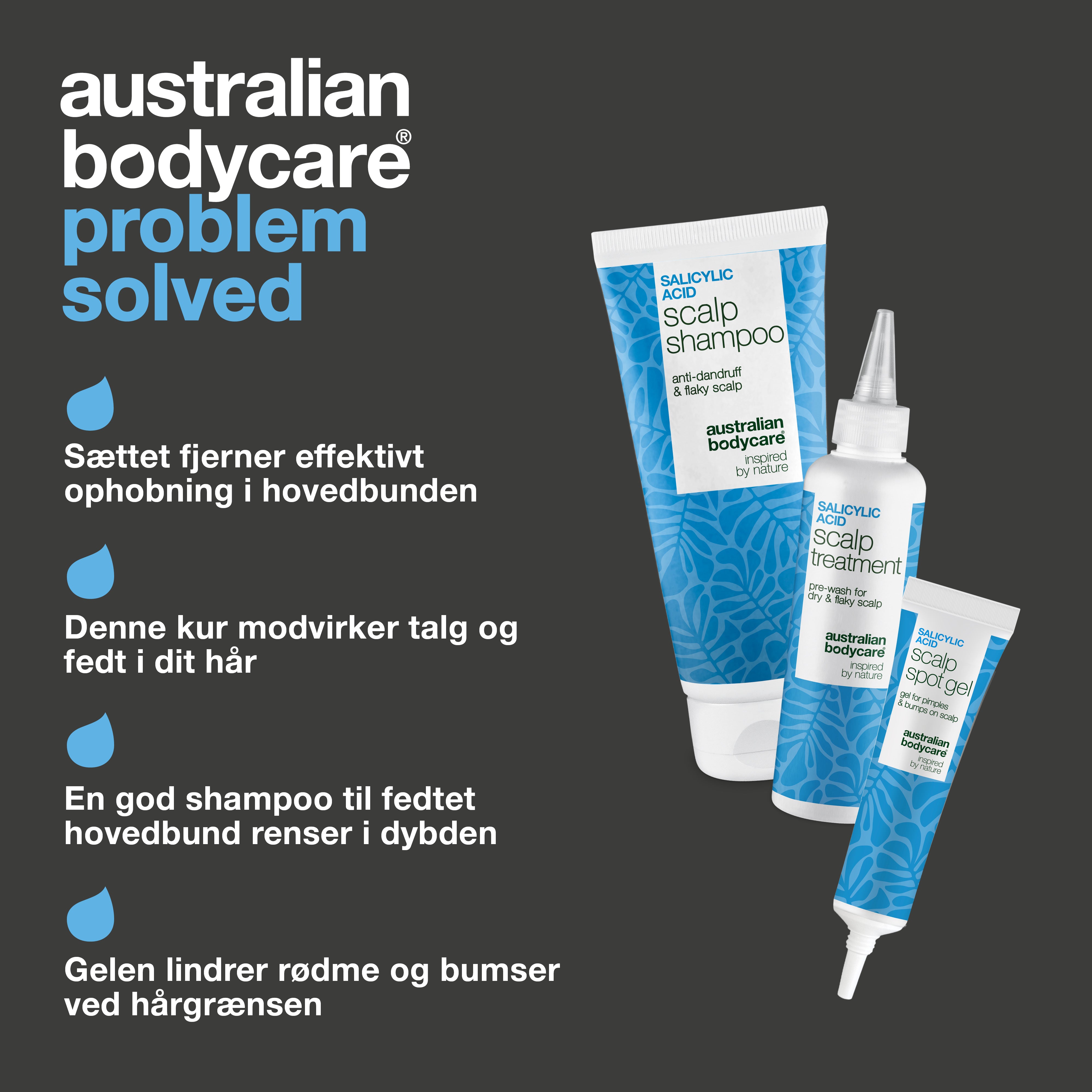 Sættets fordele: fjerner ophobning i hovedbunden, kuren modvirker talg, shampoo til fedtet hovedbund og gel mod bumser