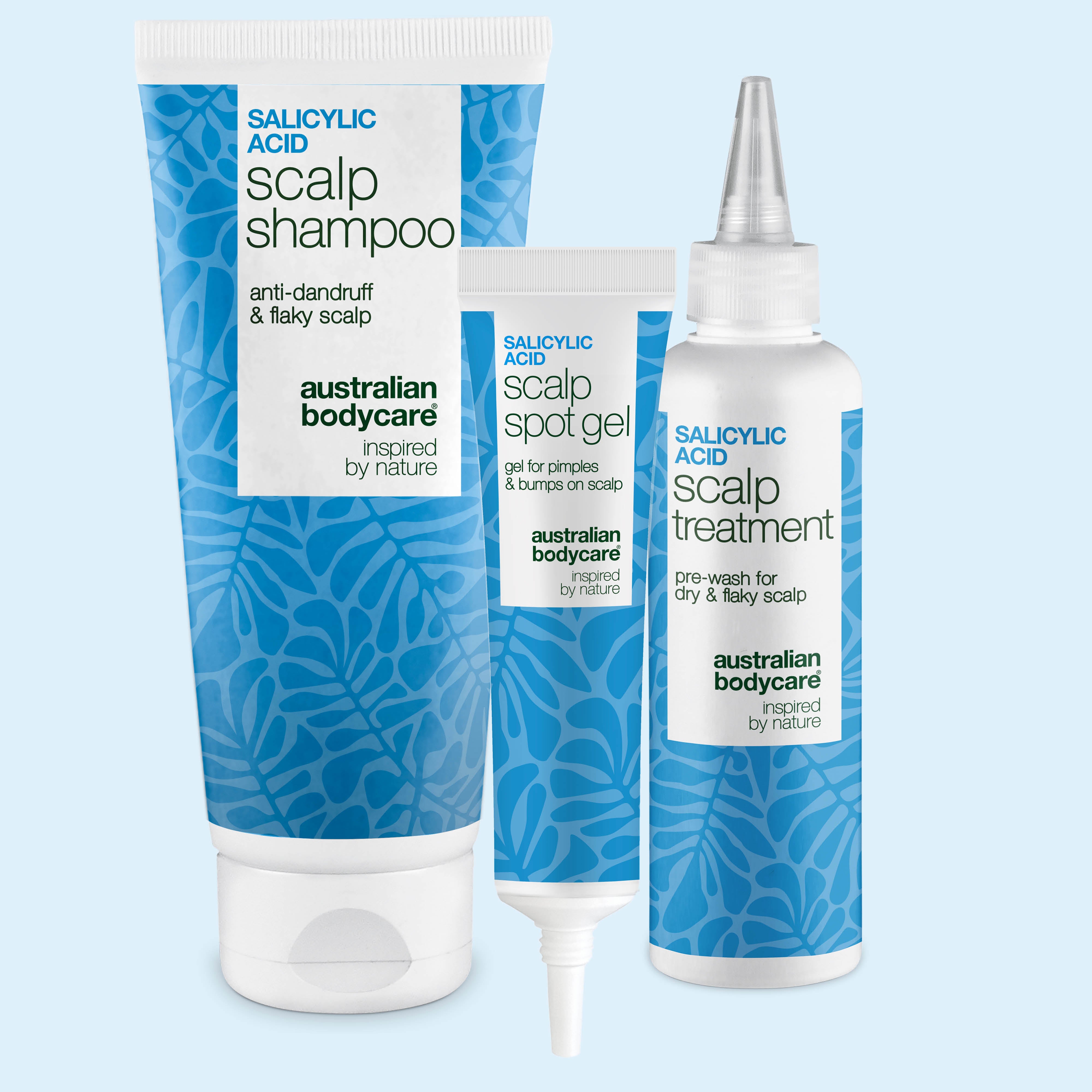 Salicylsyre sæt mod fedtet hovedbund med scalp shampoo, hovedbundskur og spot gel fra Australian Bodycare