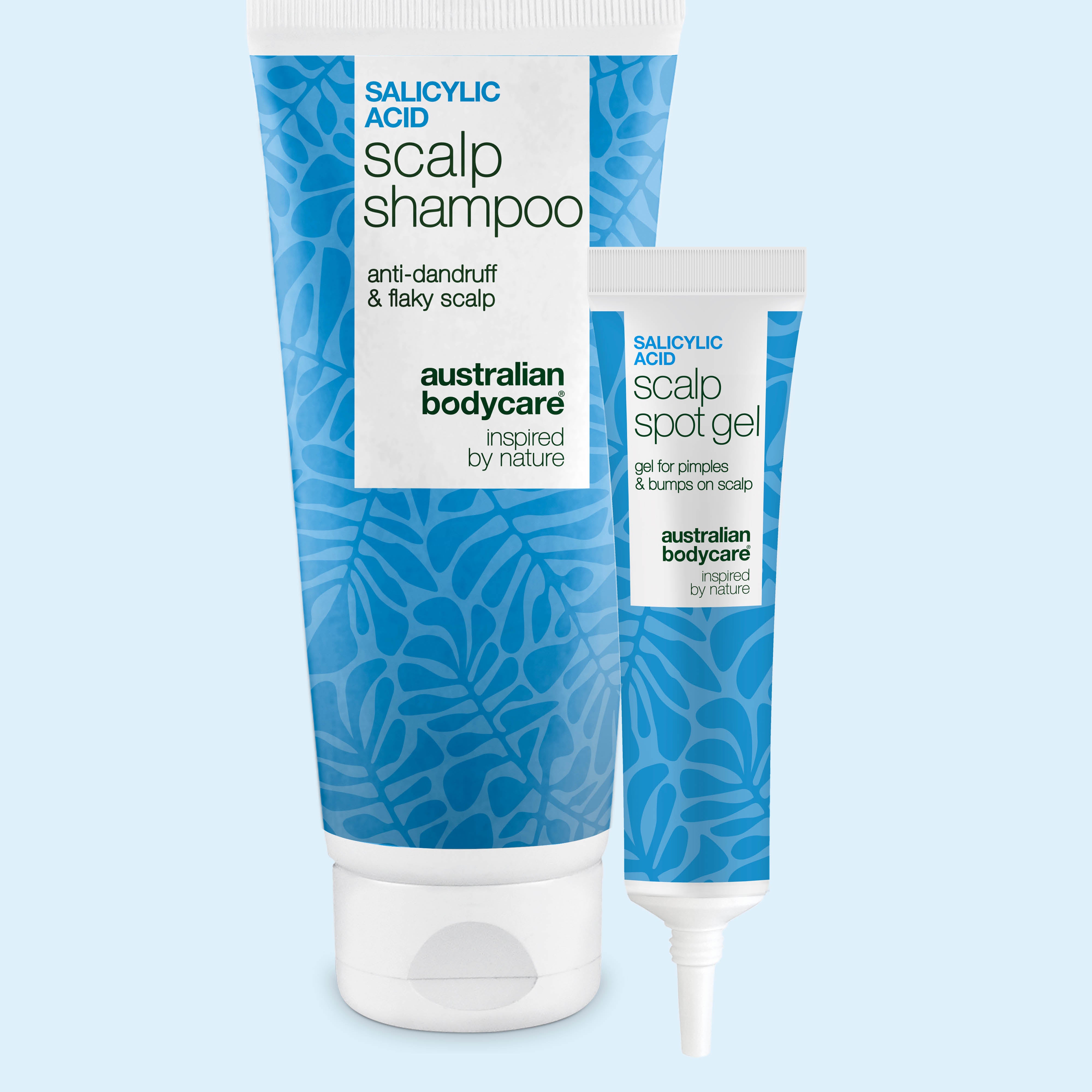 Sæt mod bumser i hovedbunden med Salicylsyre scalp shampoo og spot gel fra Australian Bodycare