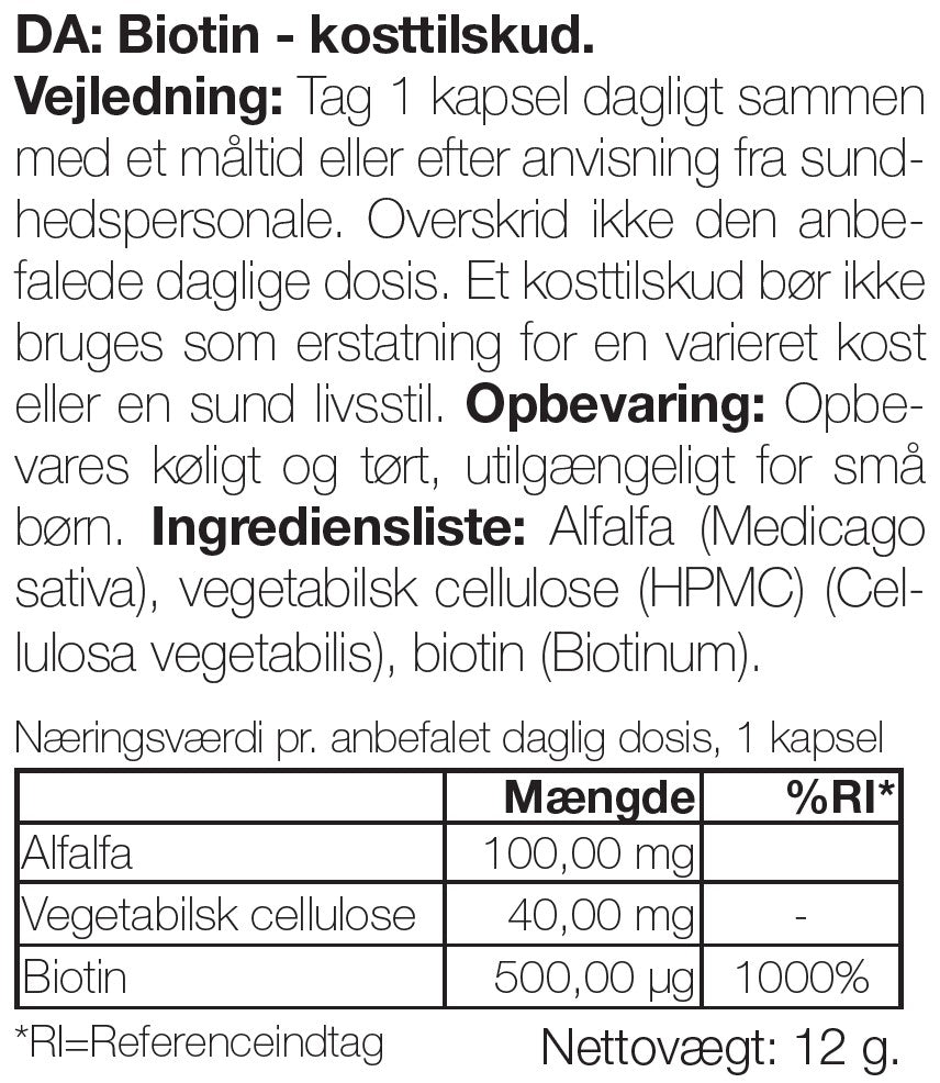 Biotin 500 µg – kosttilskud med vitamin B7 – 90 stk. — Biotin 500 µg med vitamin B7 – 90 tabletter til hud, hår og slimhinder. Indeholder biotin, Medicago sativa og vegetabilsk cellulose.