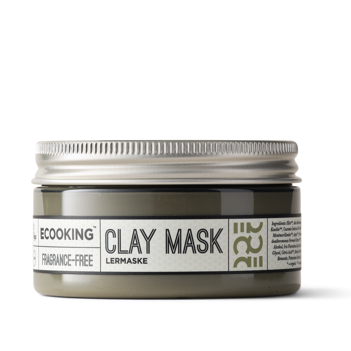 ECOOKING Clay Mask lermaske i grøn krukke med sølvfarvet skruelåg. På etiketten står ECOOKING, Clay Mask, Lermaske og fragrance-free, og krukken står på gennemsigtig baggrund.
