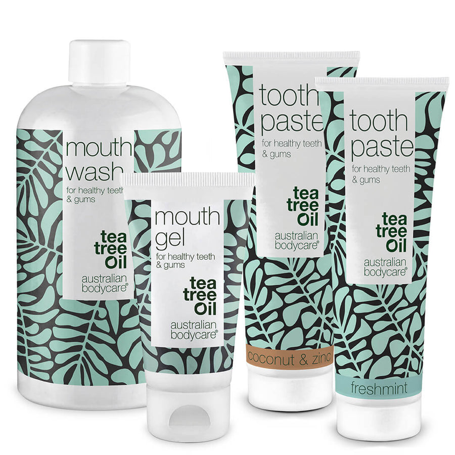 Mundpakken med 4 produkter med Tea Tree Oil - Til daglig pleje ved mundsvamp, paradentose og tandkødsbetændelse
